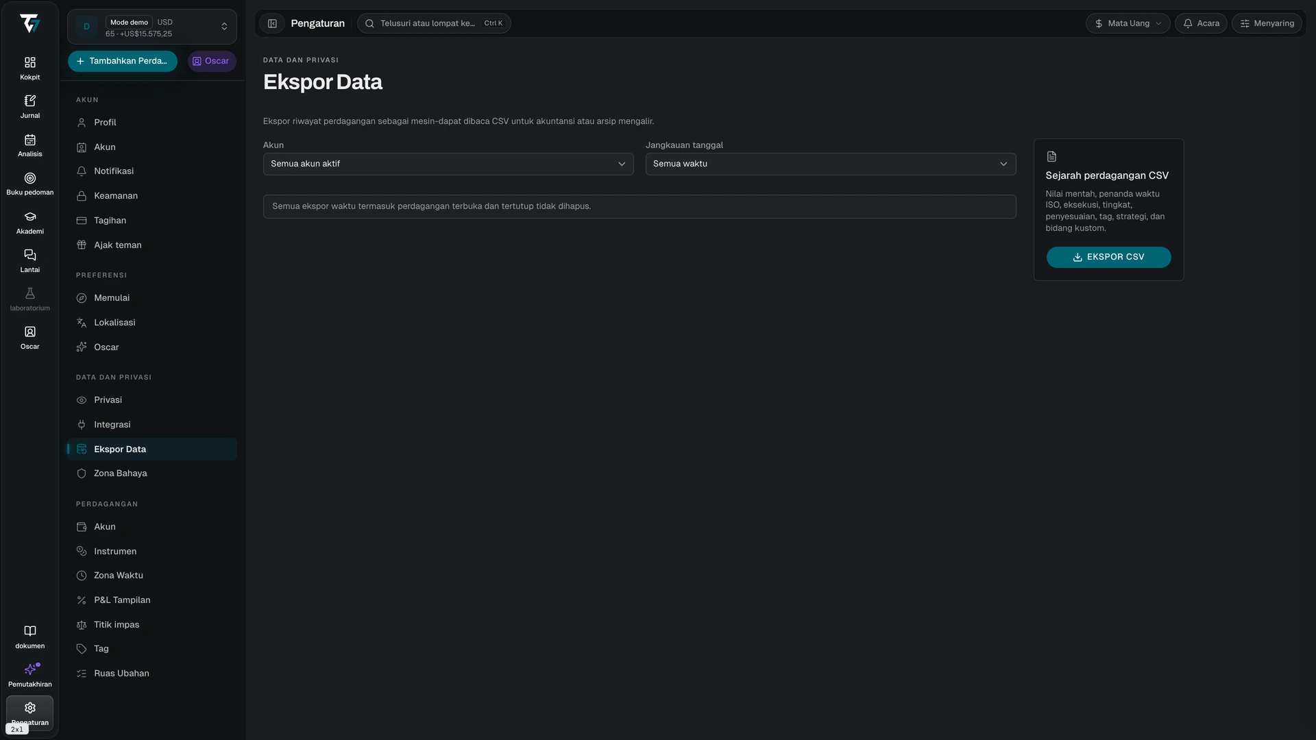 Data export settings with account, date range, and export controls