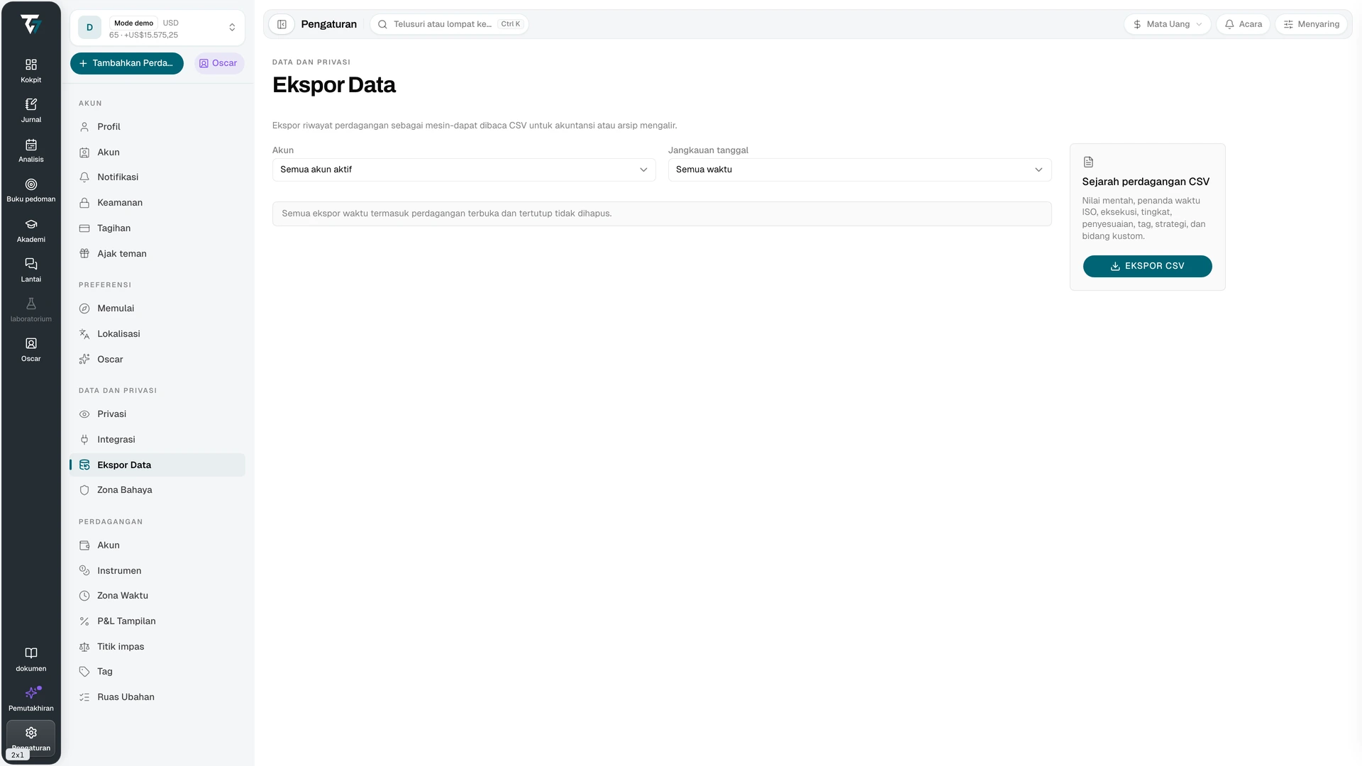 Data export settings with account, date range, and export controls