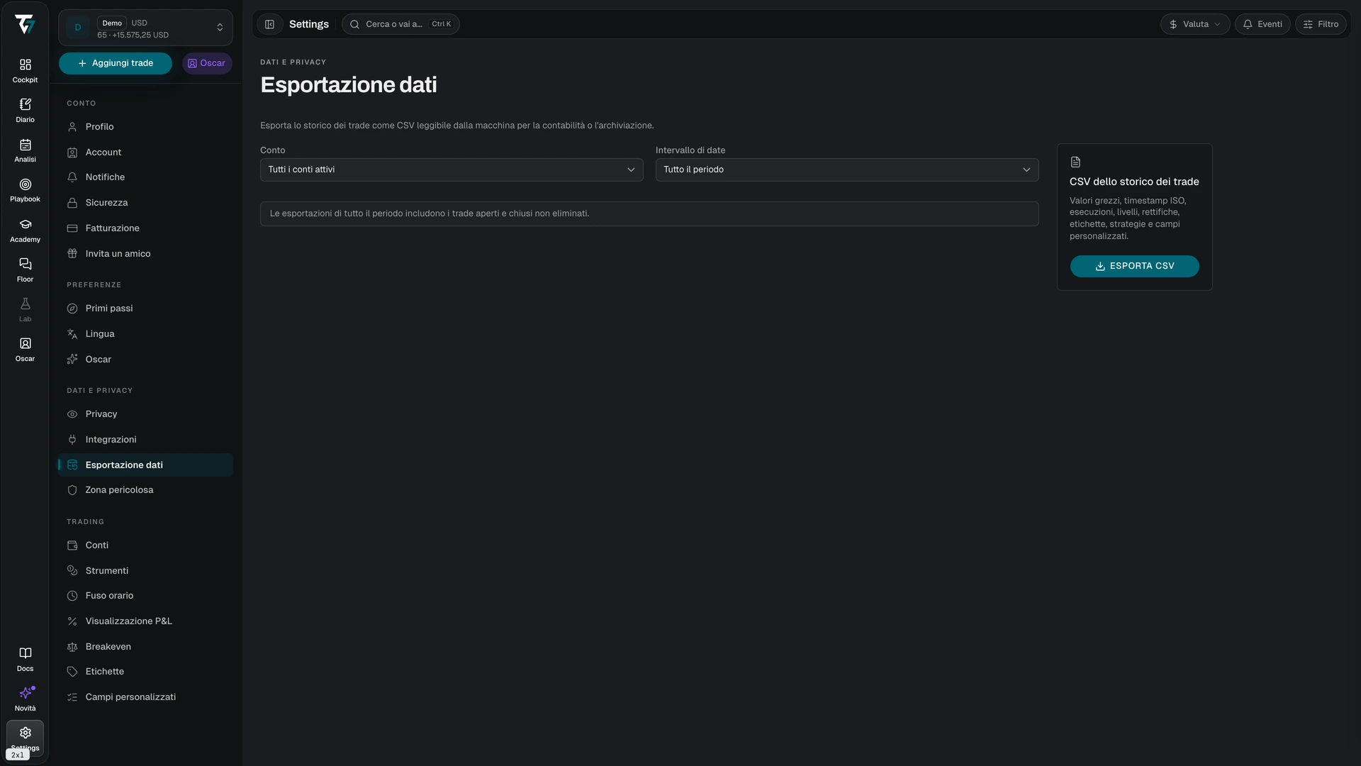 Data export settings with account, date range, and export controls