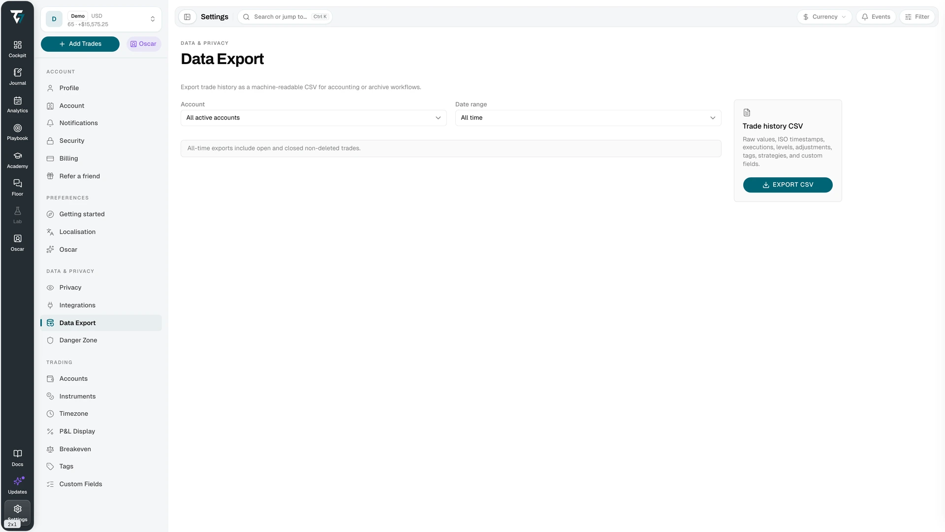 Data export settings with account, date range, and export controls