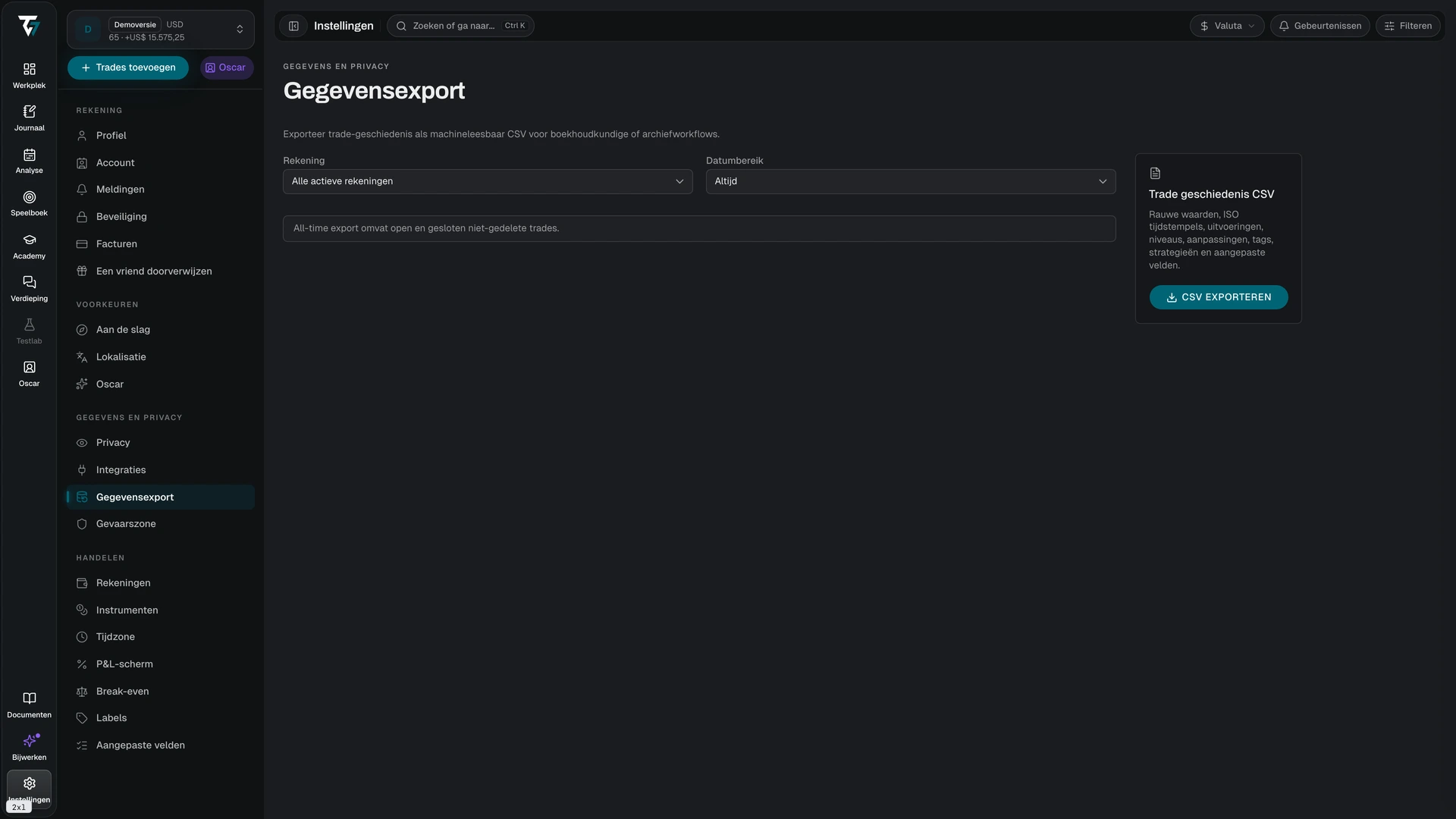 Data export settings with account, date range, and export controls