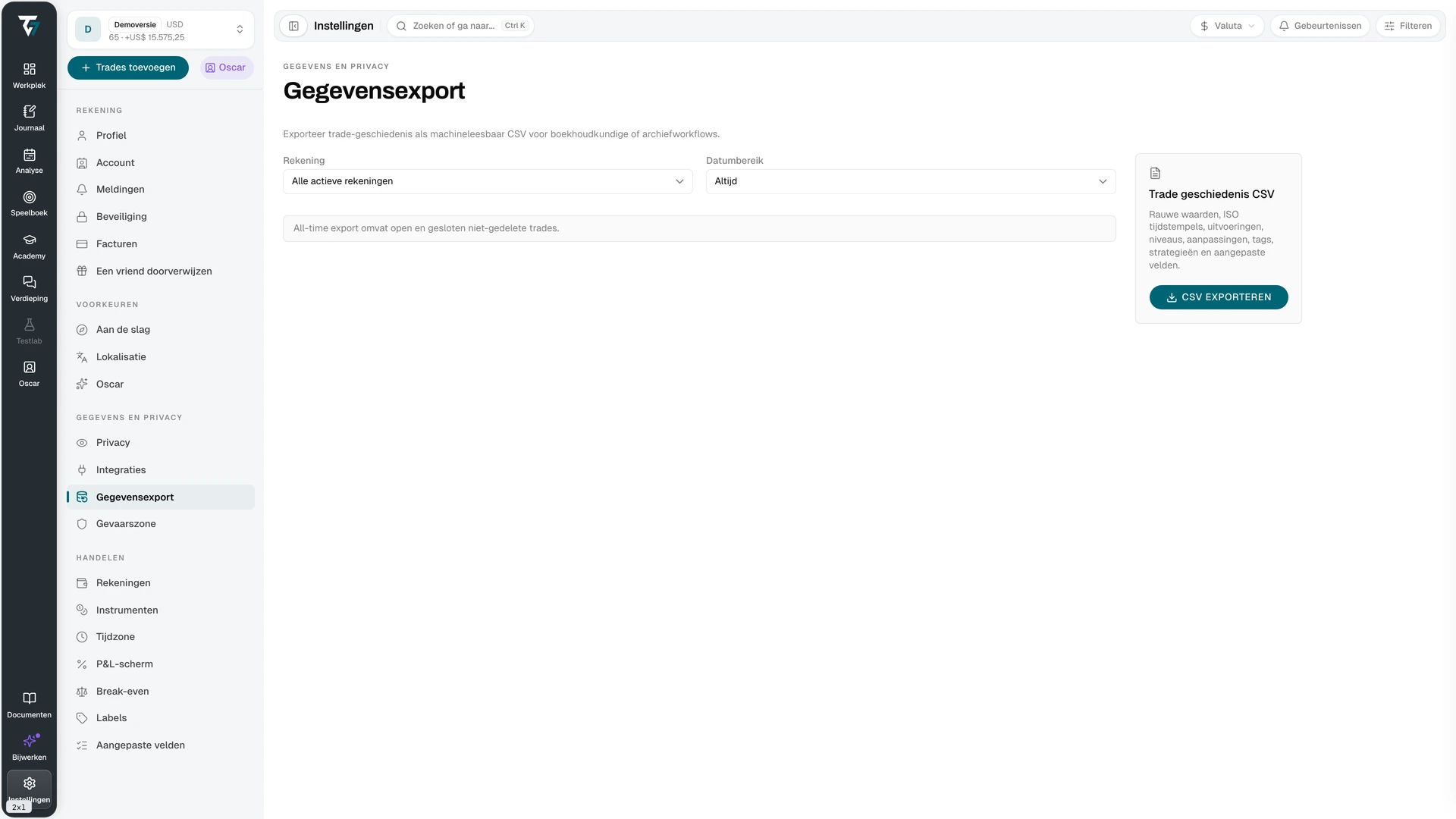 Data export settings with account, date range, and export controls