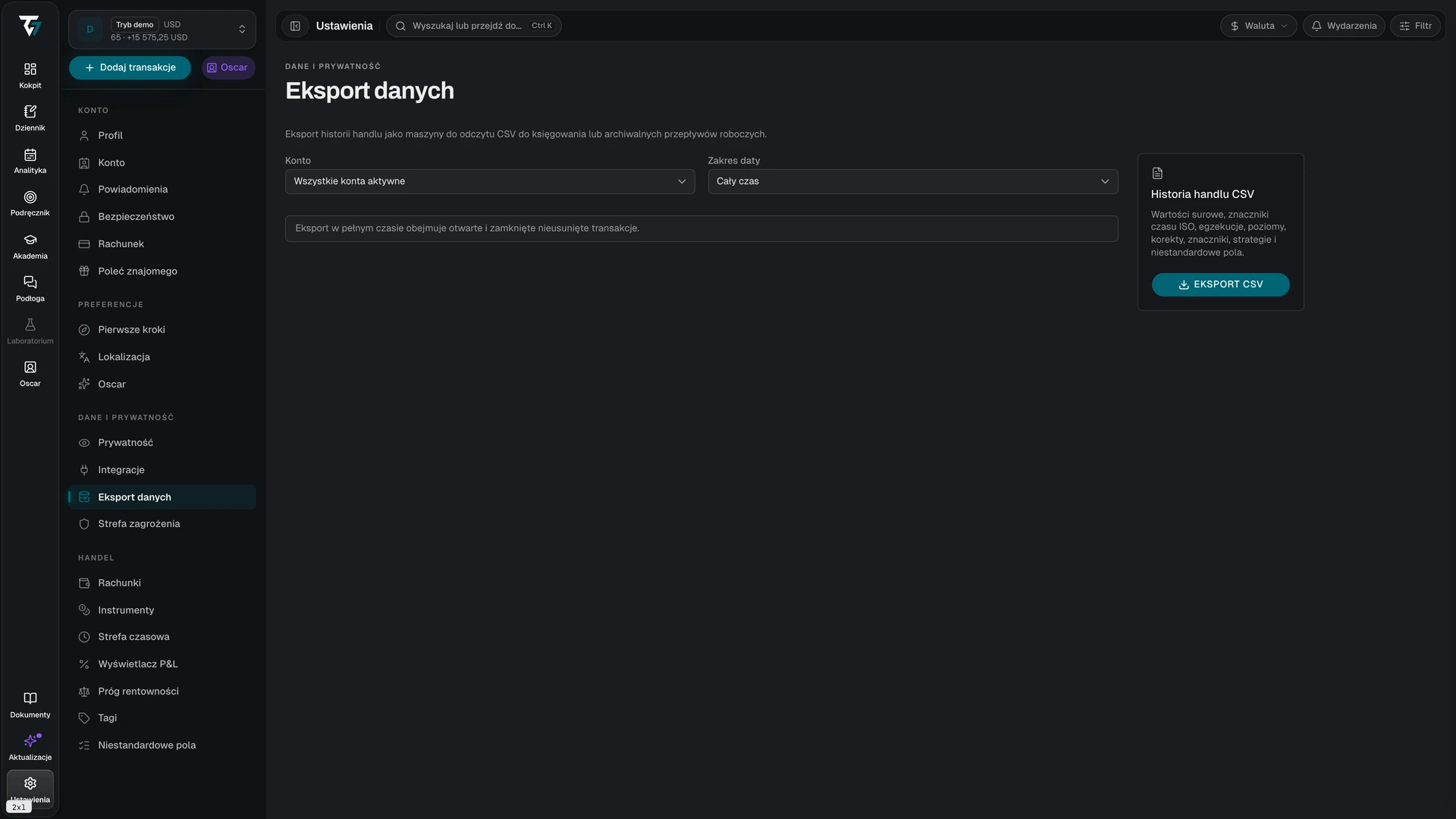Data export settings with account, date range, and export controls
