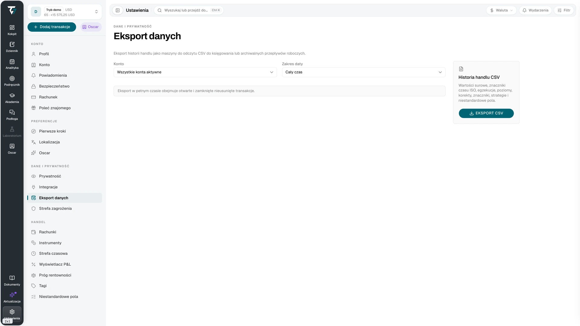 Data export settings with account, date range, and export controls