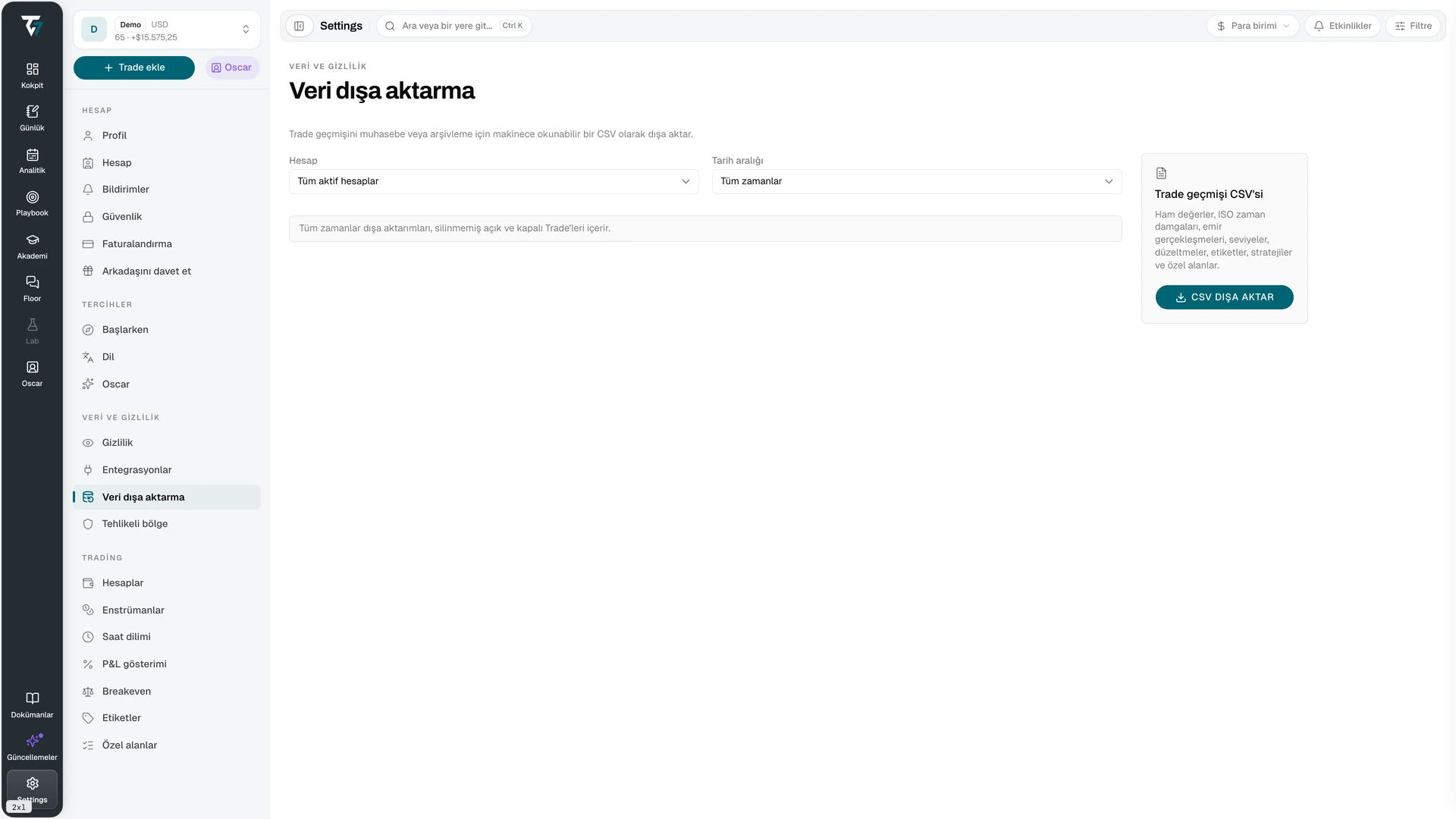 Data export settings with account, date range, and export controls
