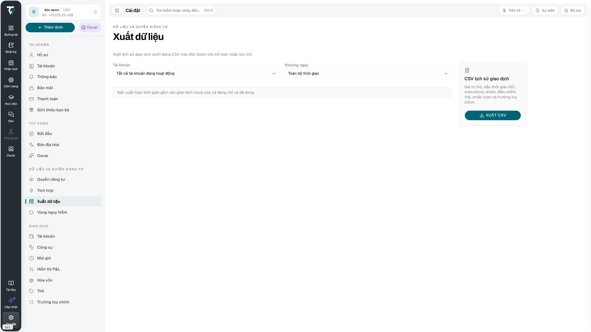 Data export settings with account, date range, and export controls