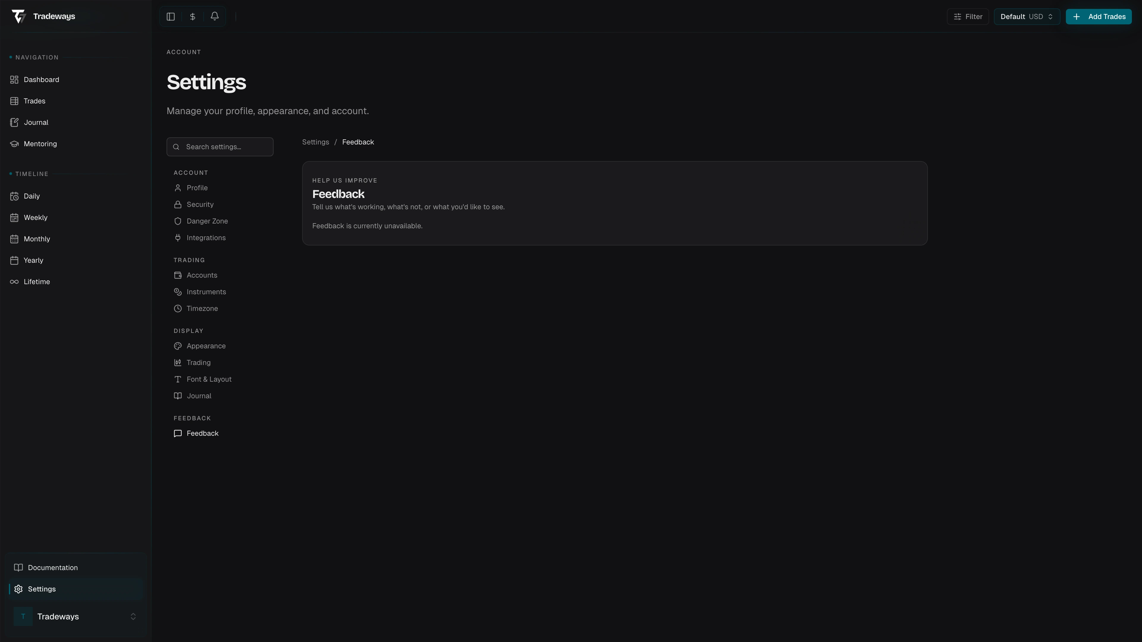 Feedback form for sending messages to the Tradeways team