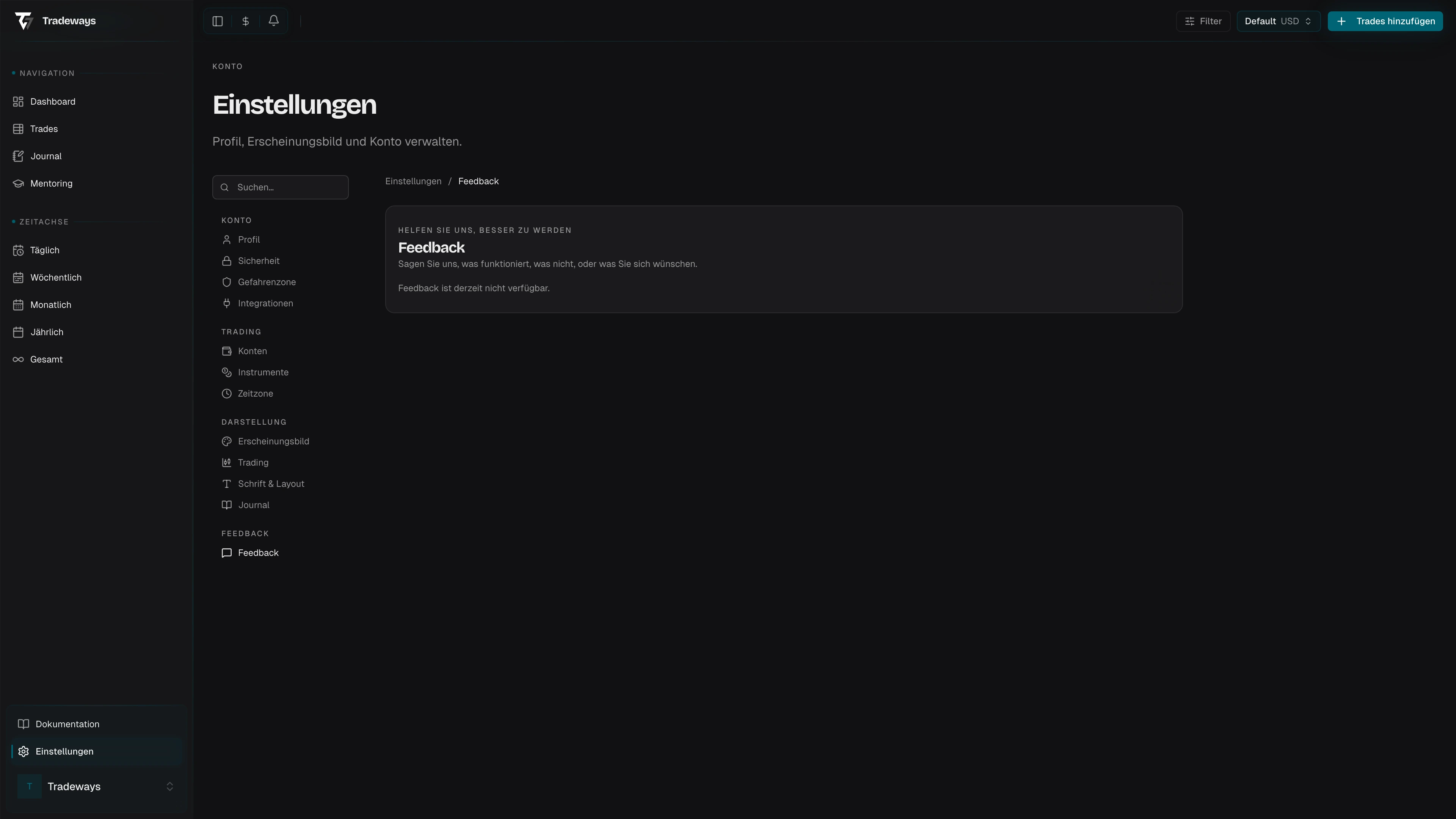 Feedback-Formular zum Senden von Nachrichten an das Tradeways-Team