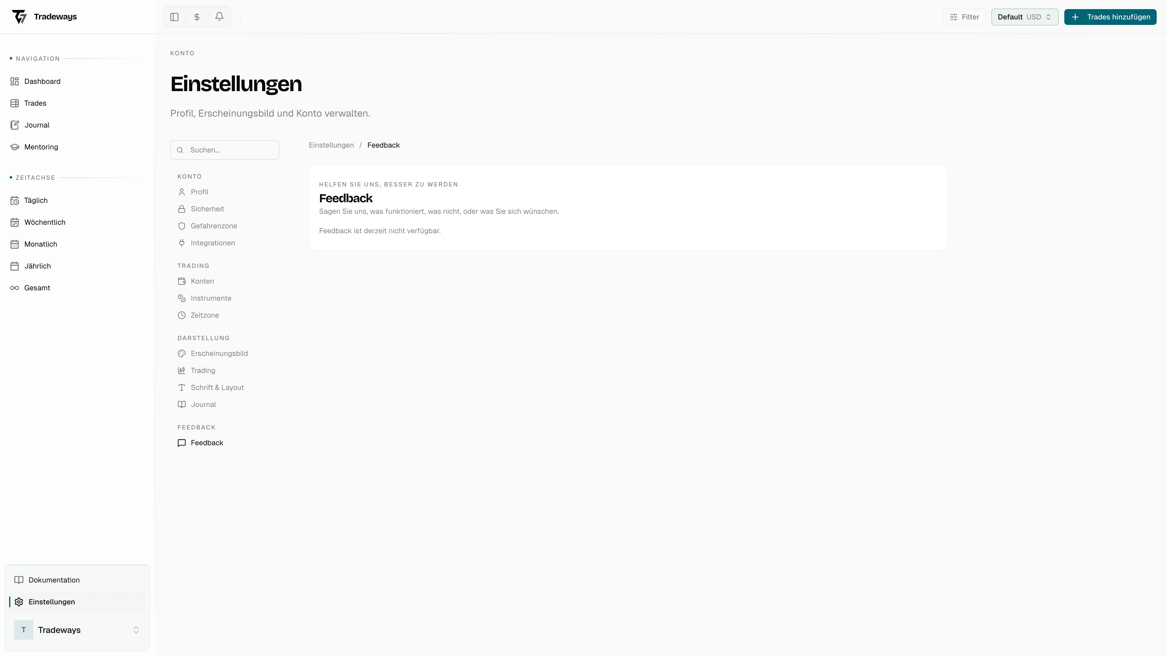 Feedback-Formular zum Senden von Nachrichten an das Tradeways-Team