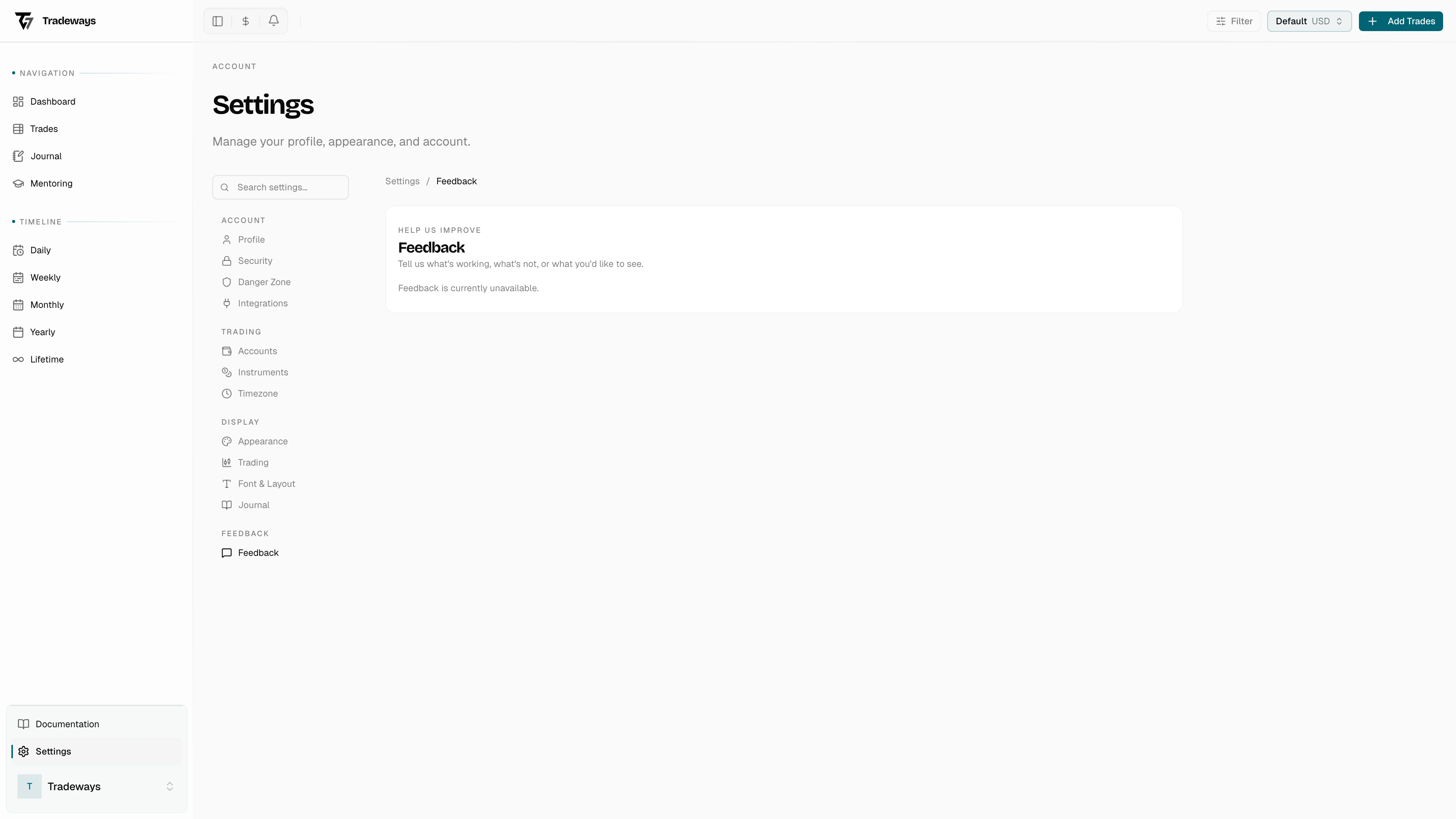 Feedback form for sending messages to the Tradeways team