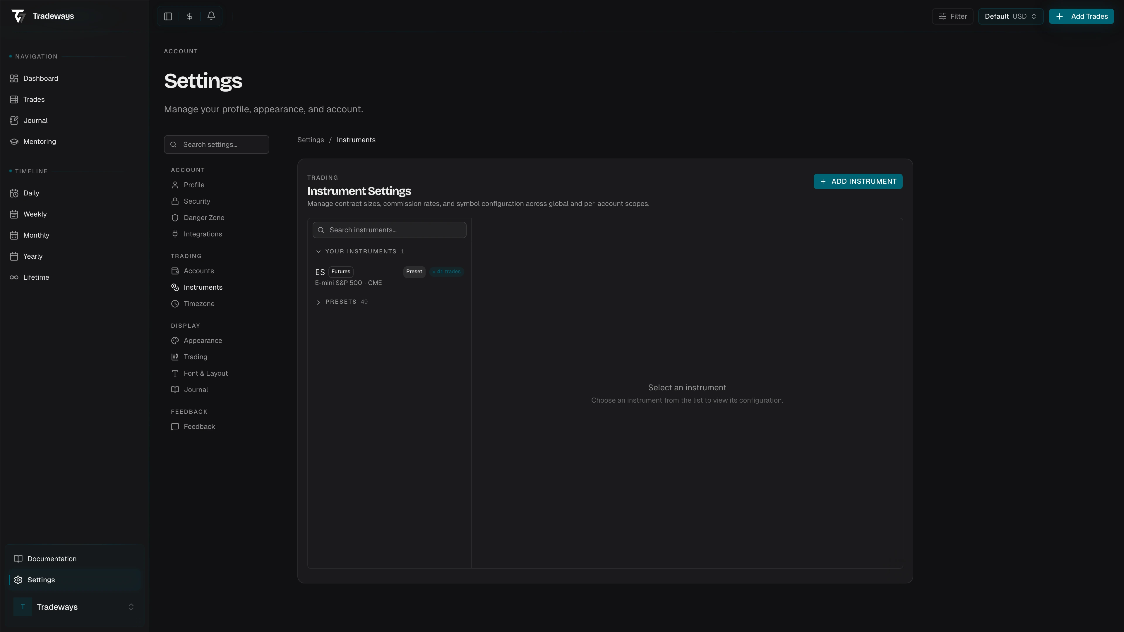 Instruments settings page