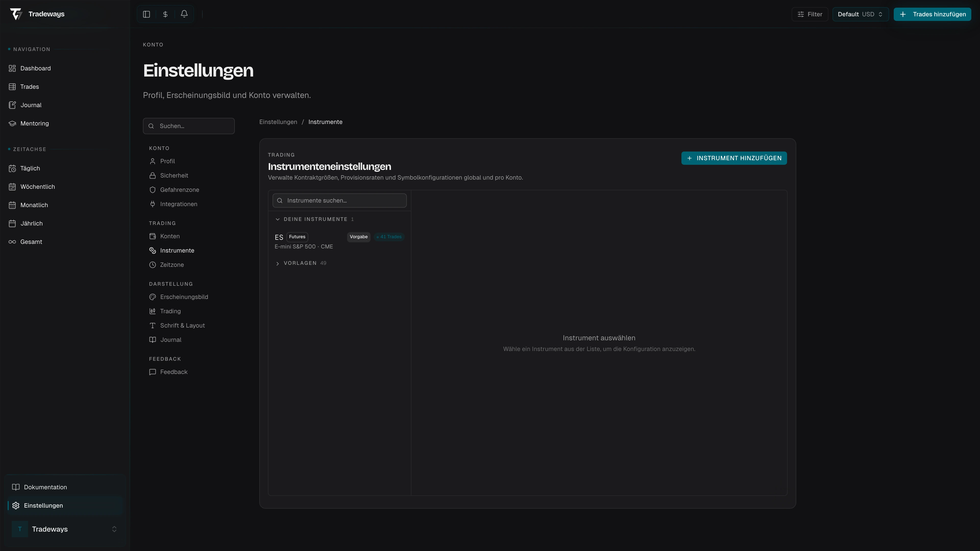 Seite Instrumenteinstellungen