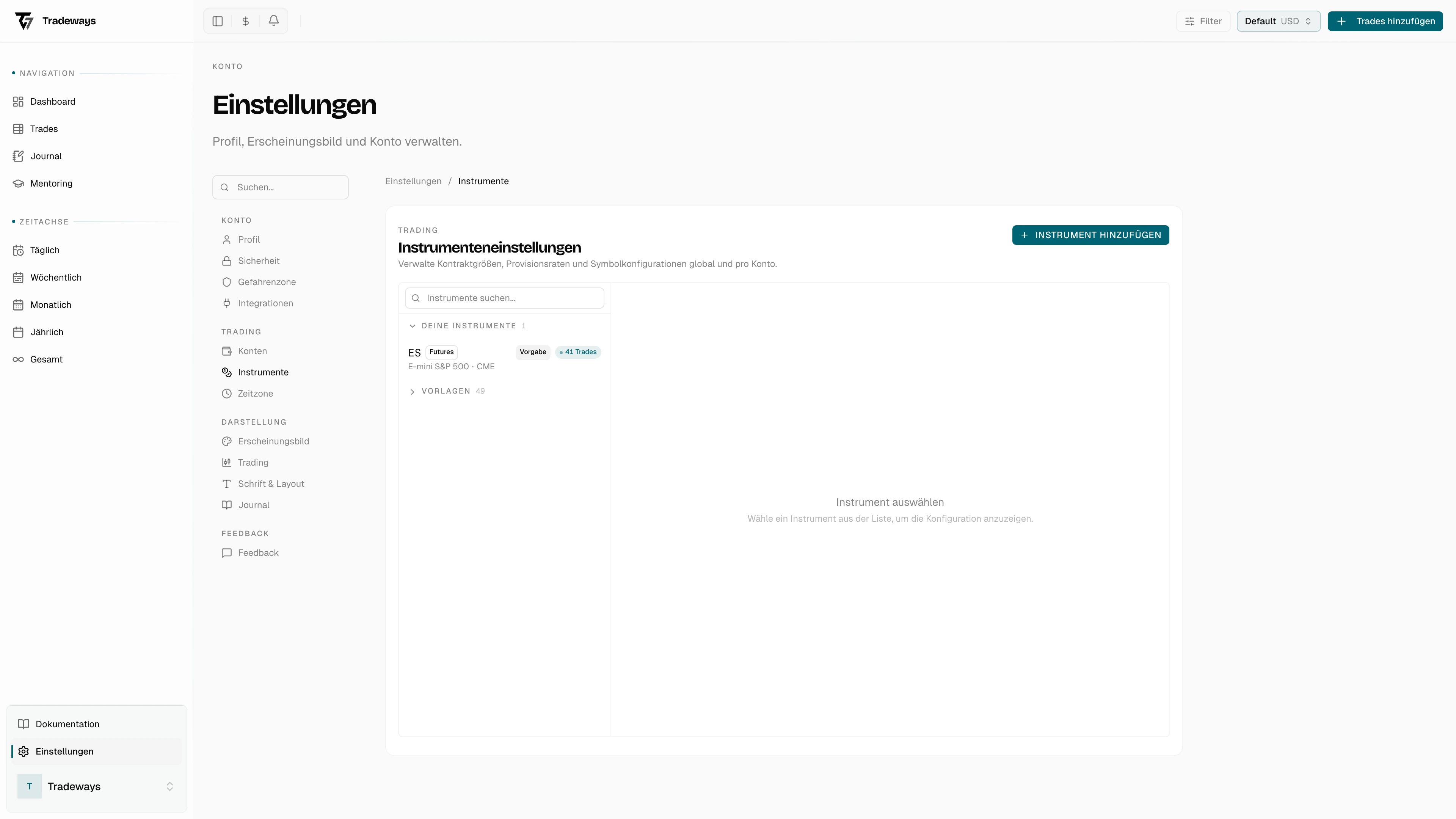 Seite Instrumenteinstellungen