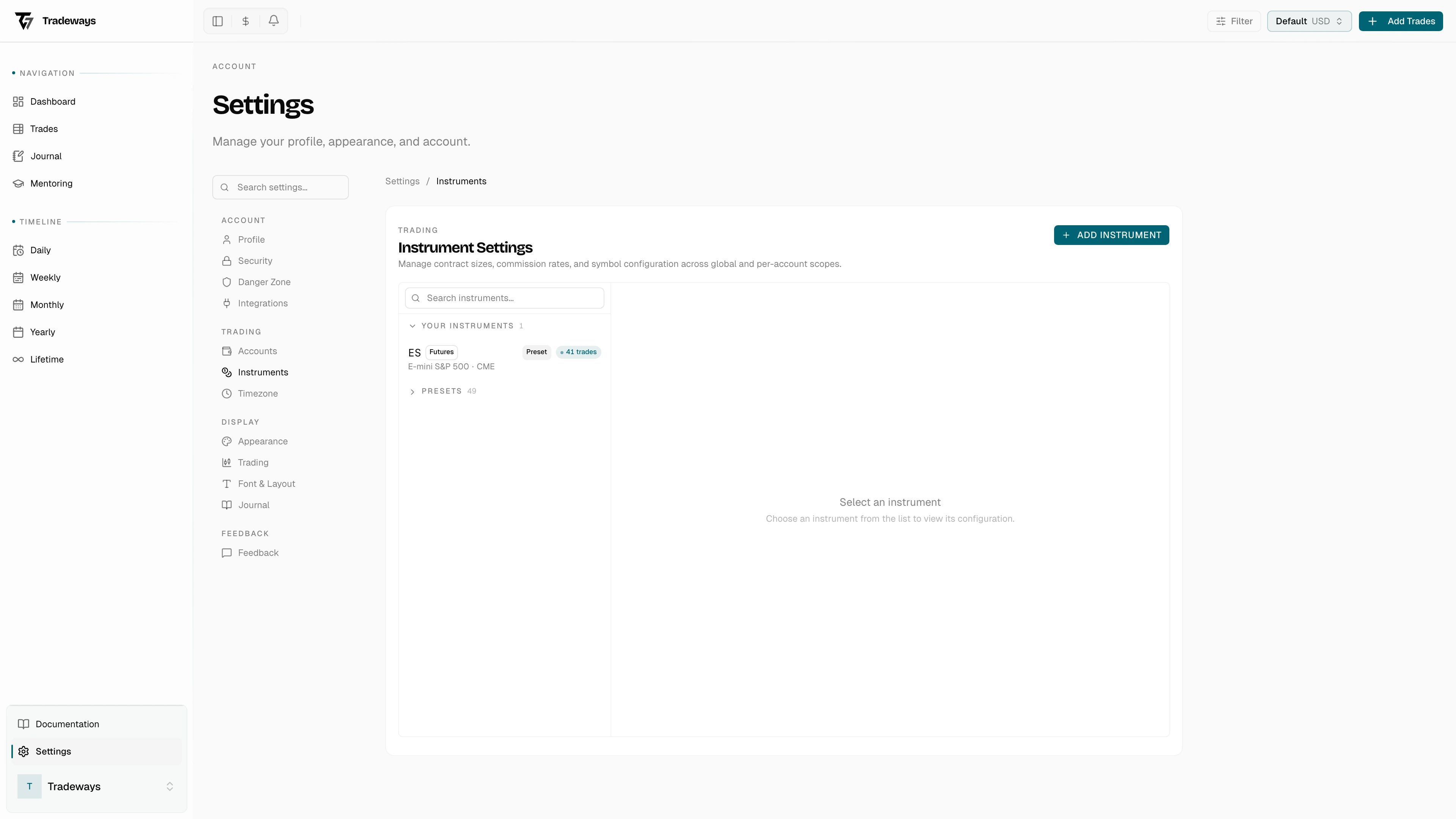 Instruments settings page