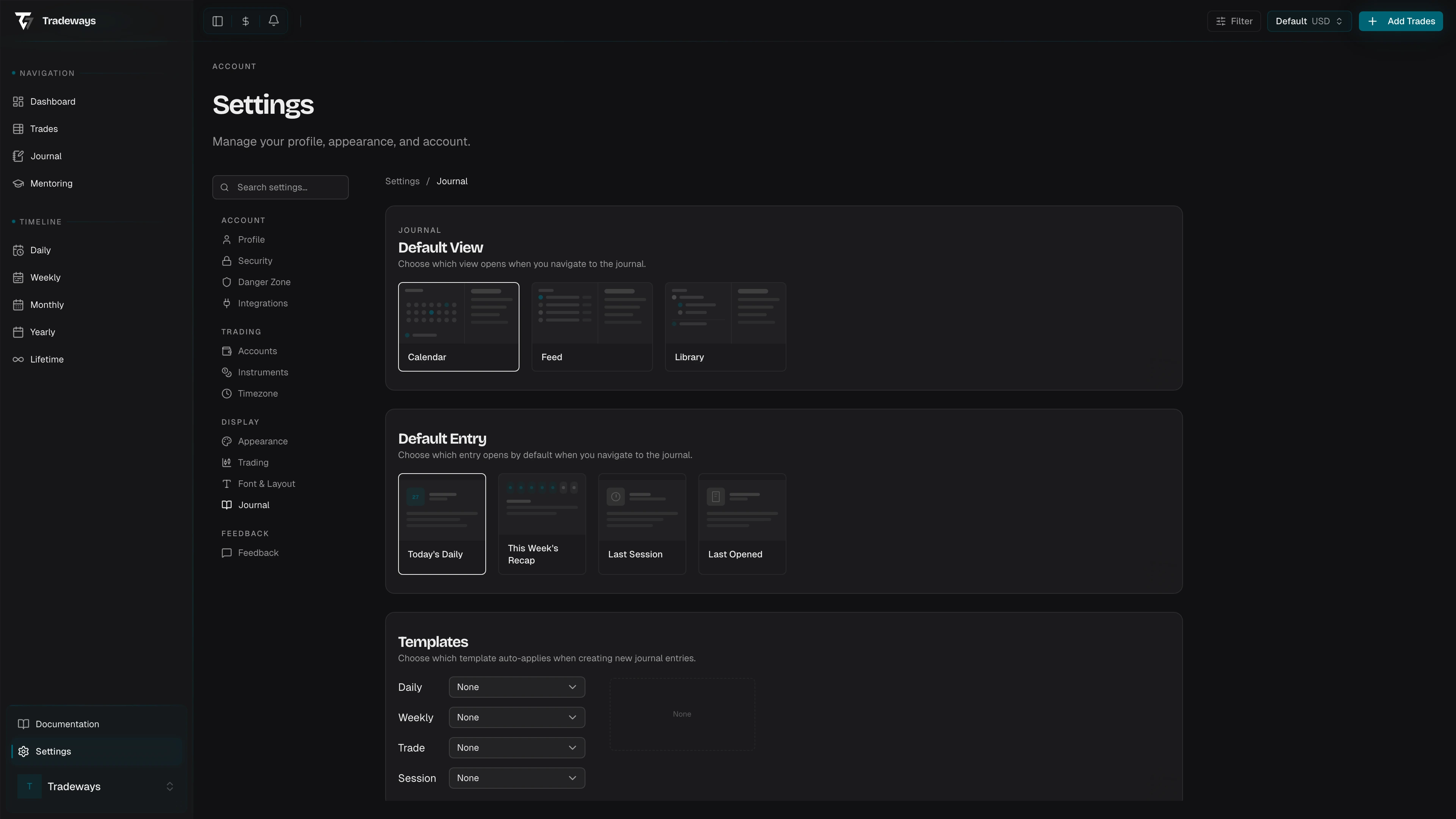 Journal settings page