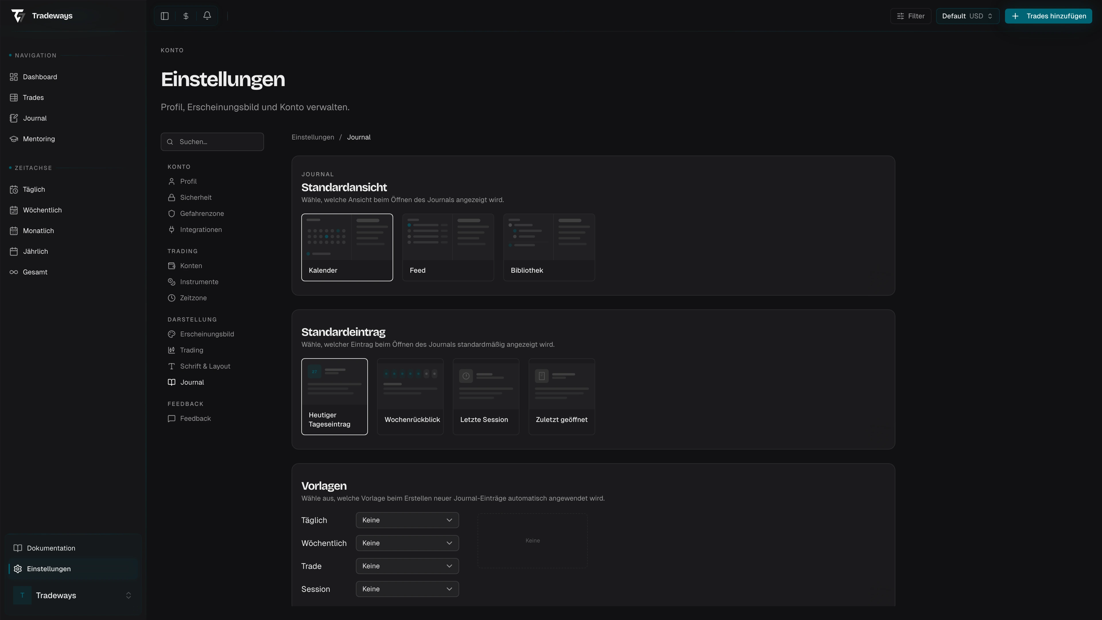 Seite Journal-Einstellungen
