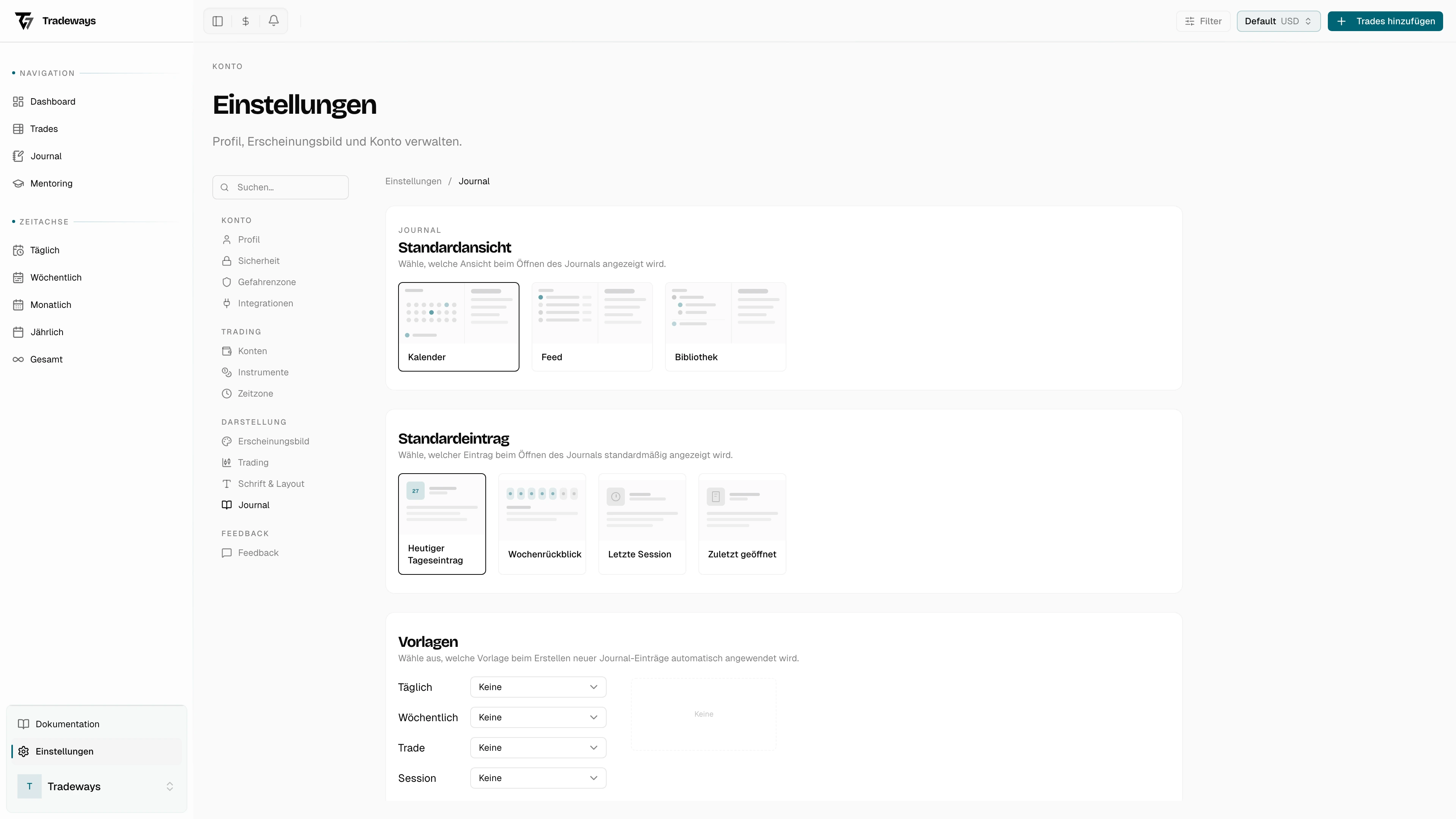 Seite Journal-Einstellungen