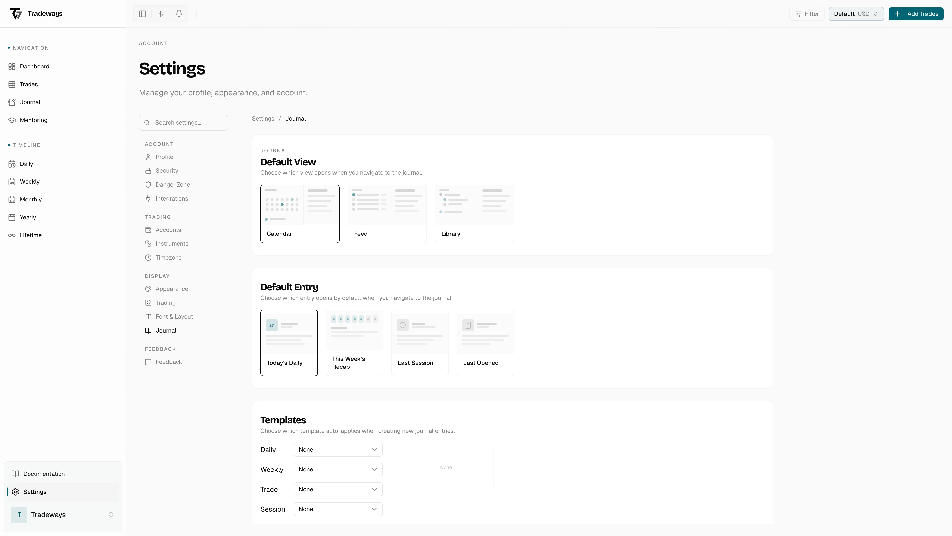 Journal settings page