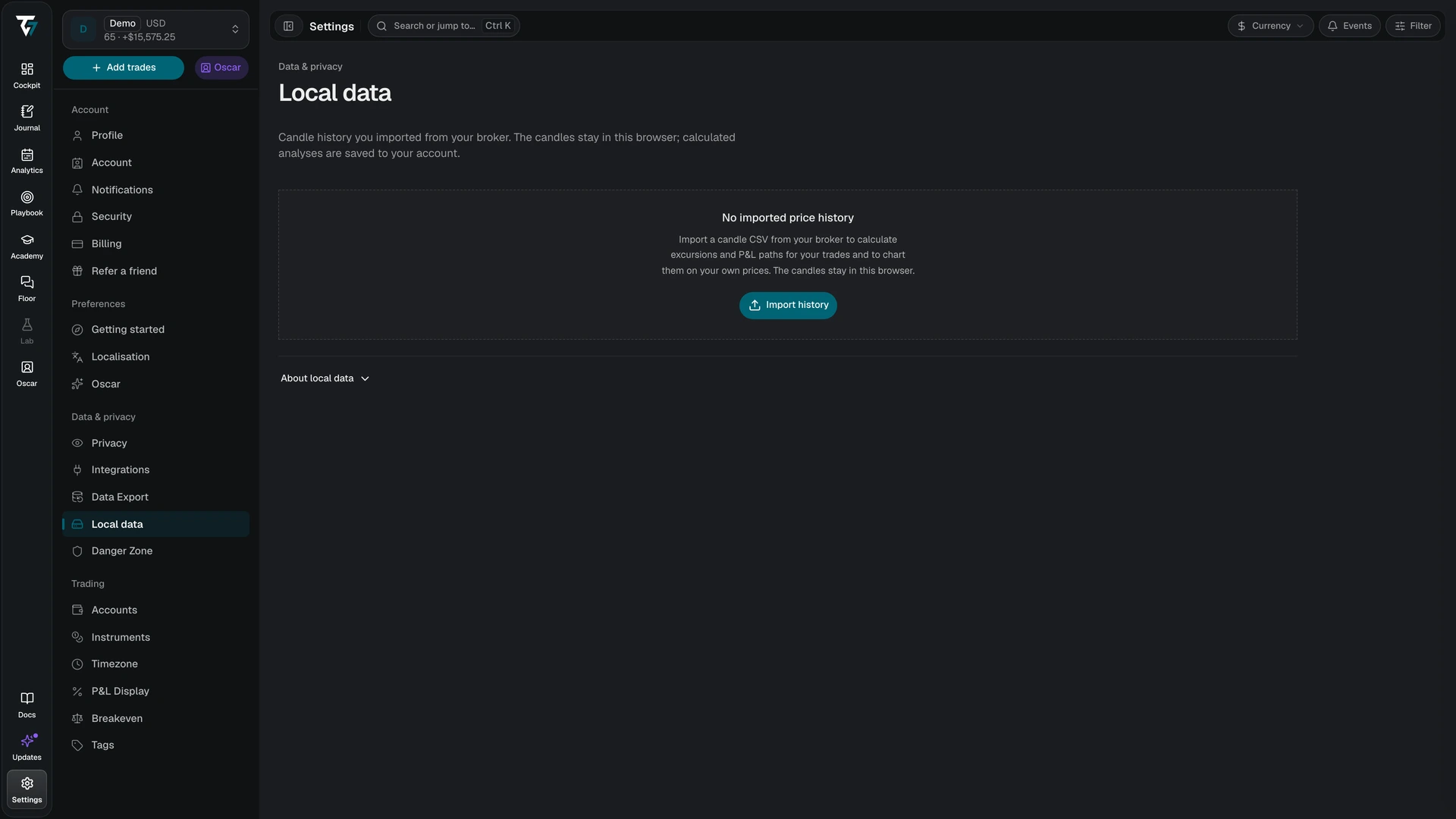 Local data settings with no imported price history and an Import history button