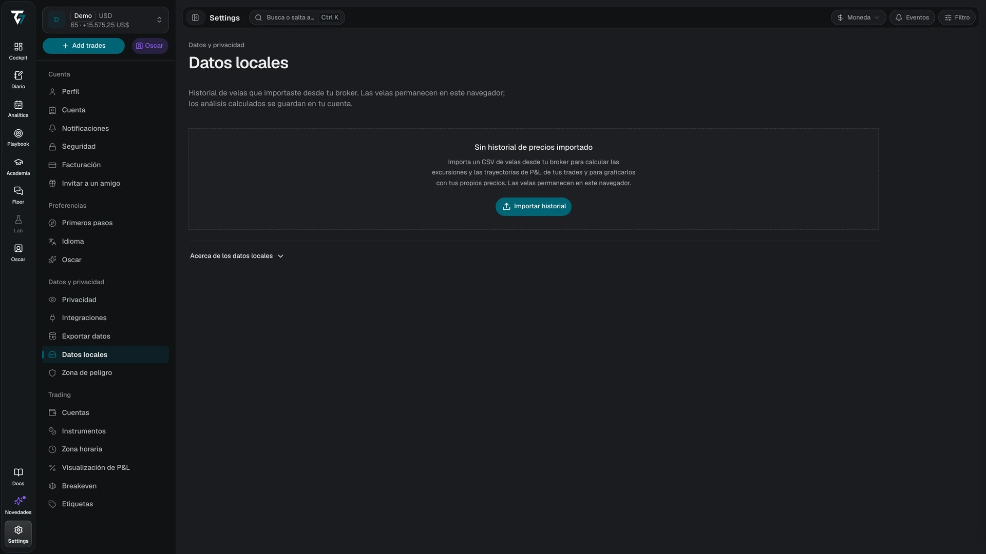 Ajustes de datos locales sin historial de precios importado y con un botón Importar historial