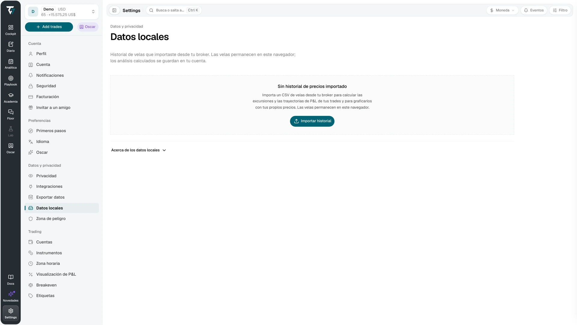 Ajustes de datos locales sin historial de precios importado y con un botón Importar historial
