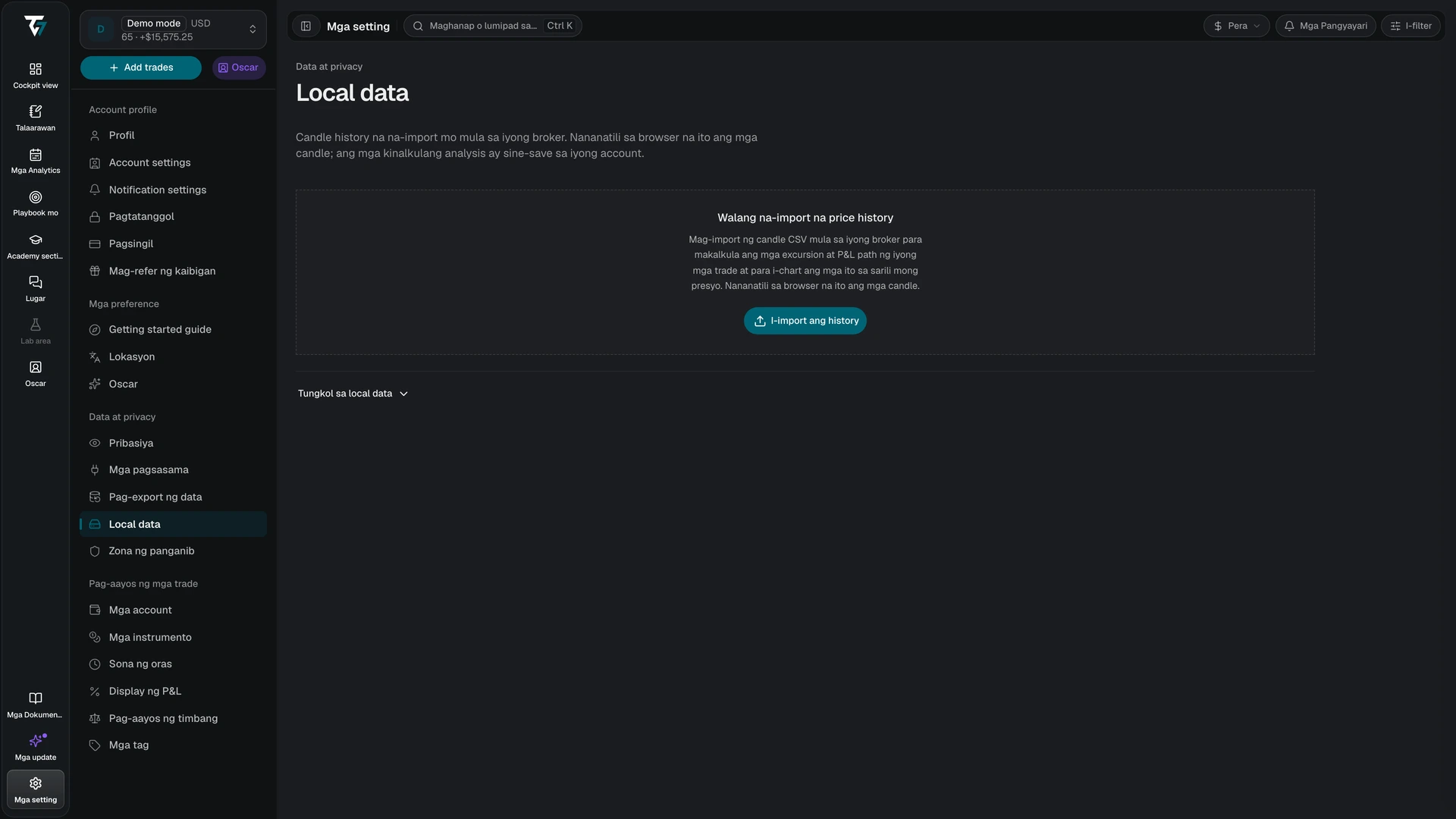 Mga setting ng local data na walang na-import na price history at may button na I-import ang history