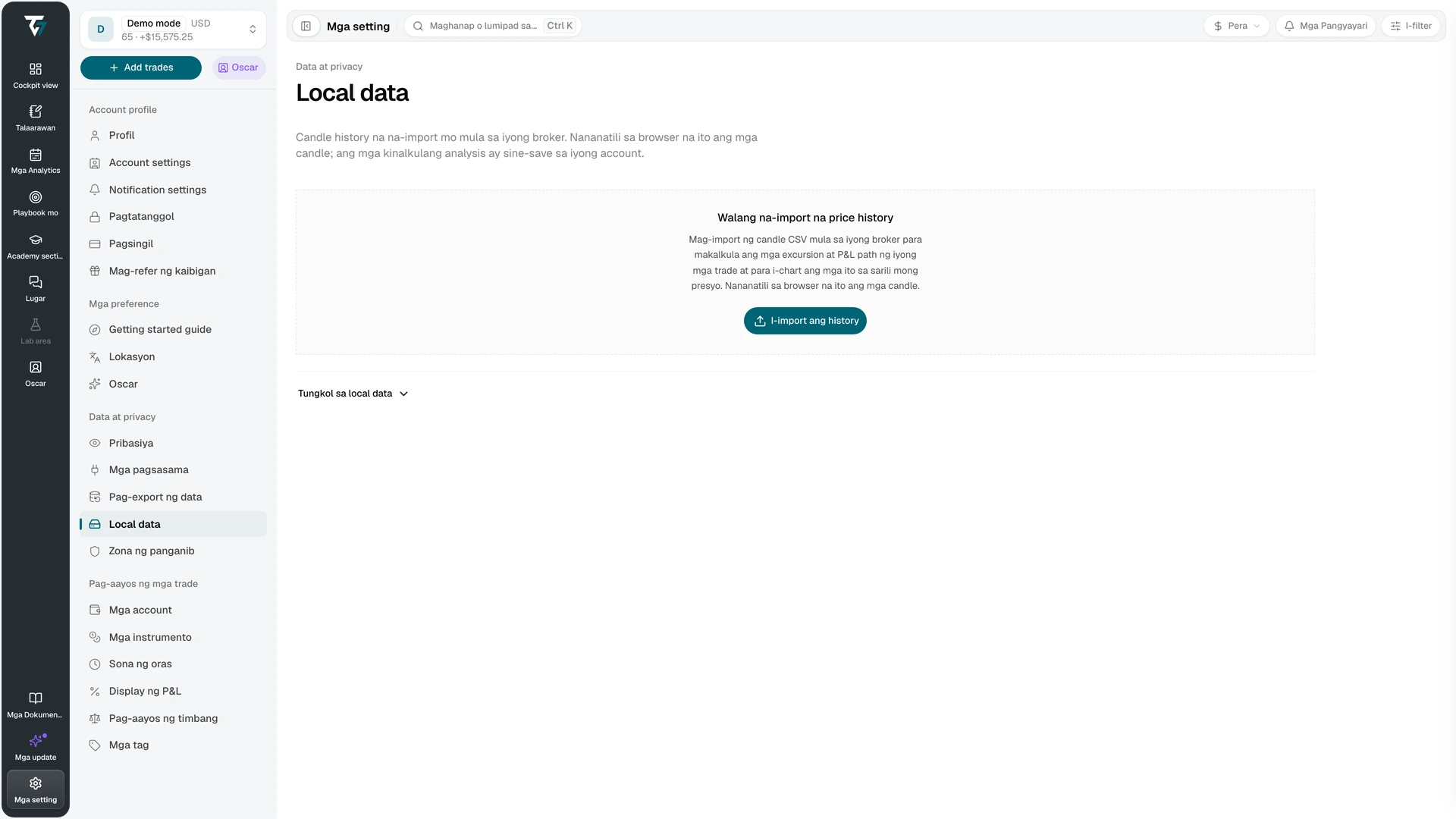 Mga setting ng local data na walang na-import na price history at may button na I-import ang history