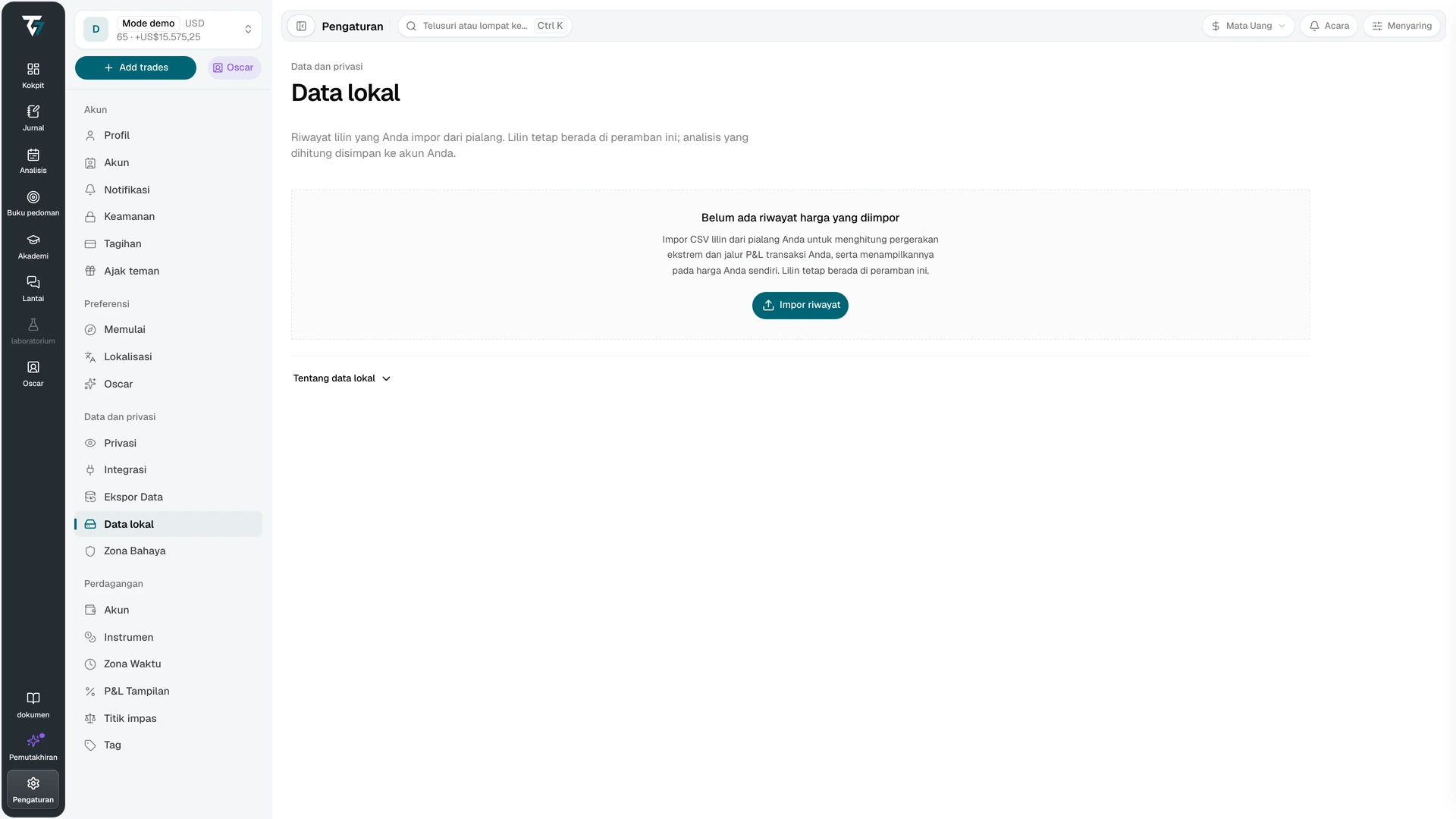 Pengaturan data lokal tanpa riwayat harga yang diimpor dan tombol Impor riwayat