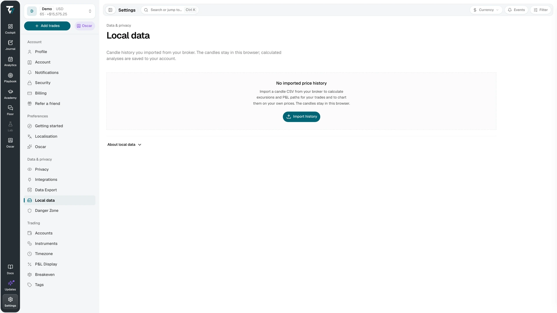 Local data settings with no imported price history and an Import history button