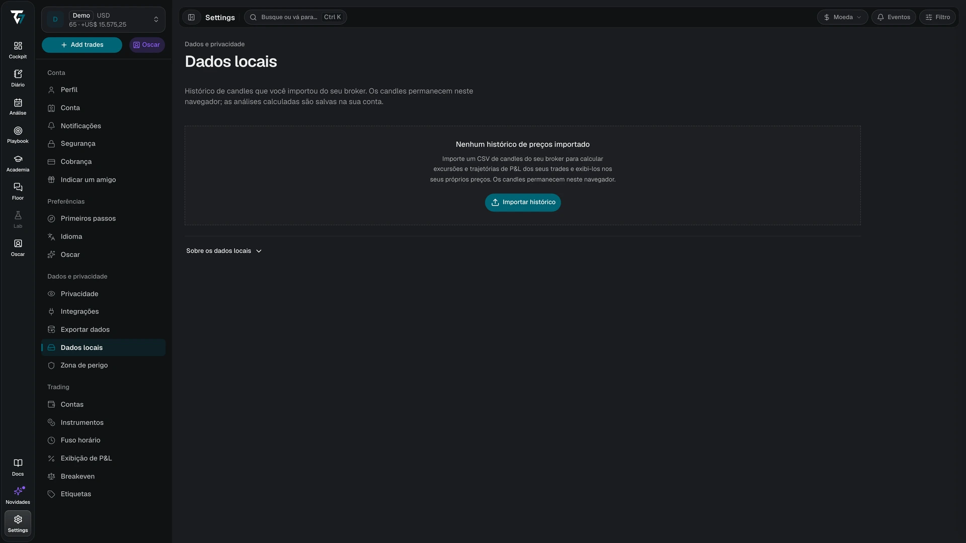 Configurações de dados locais sem histórico de preços importado e com um botão Importar histórico