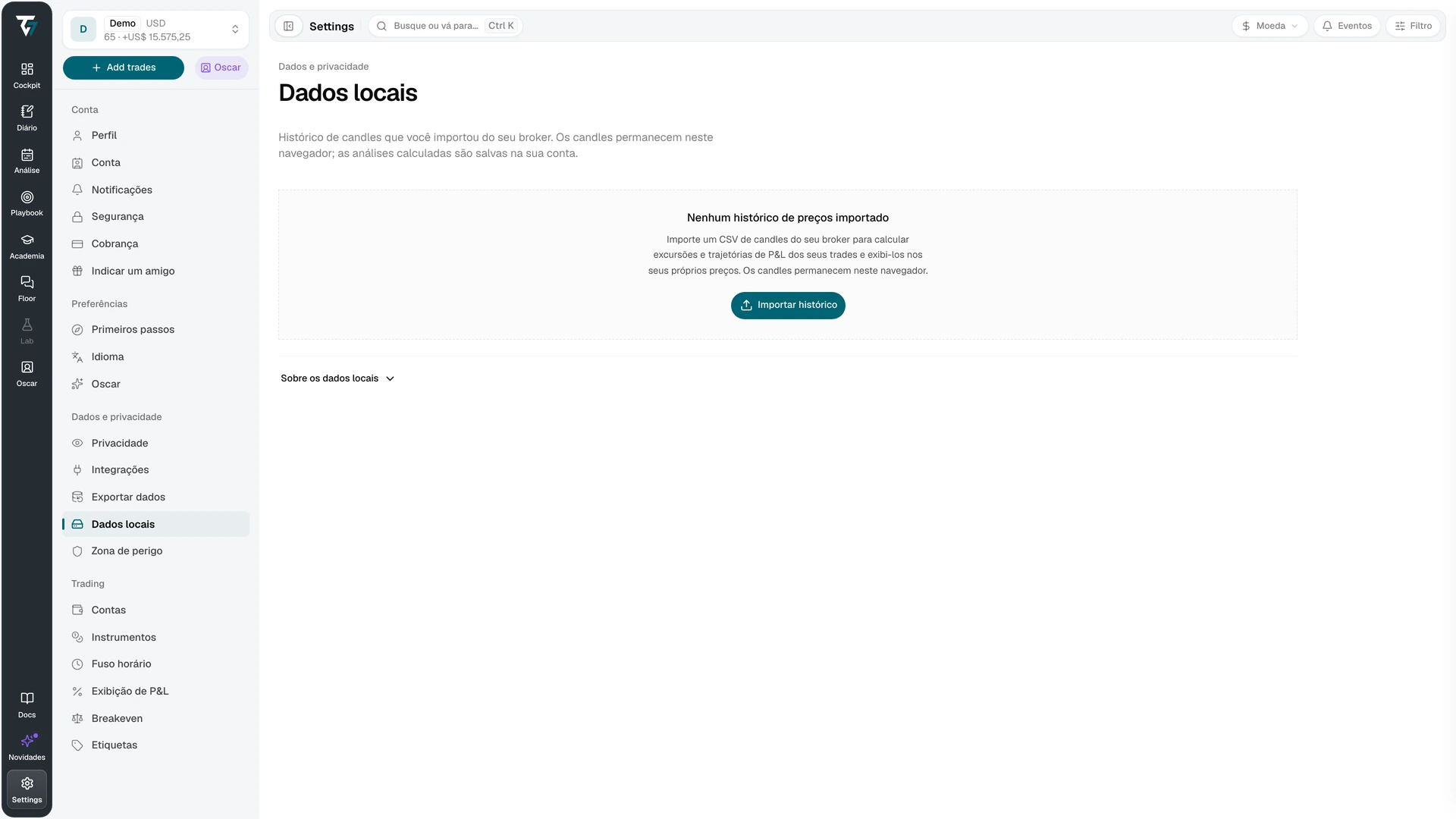Configurações de dados locais sem histórico de preços importado e com um botão Importar histórico