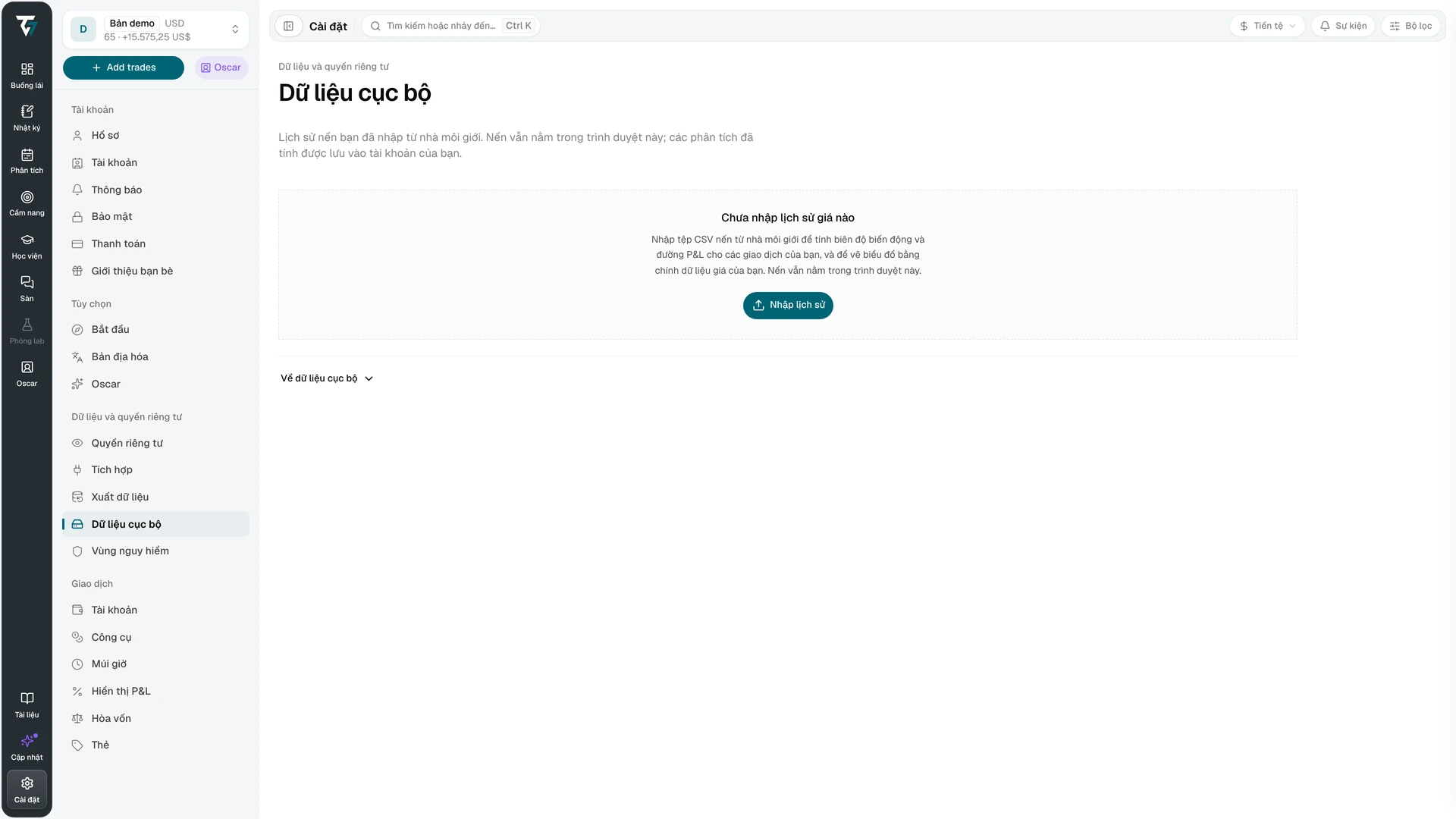 Cài đặt dữ liệu cục bộ chưa có lịch sử giá nào được nhập và có nút Nhập lịch sử