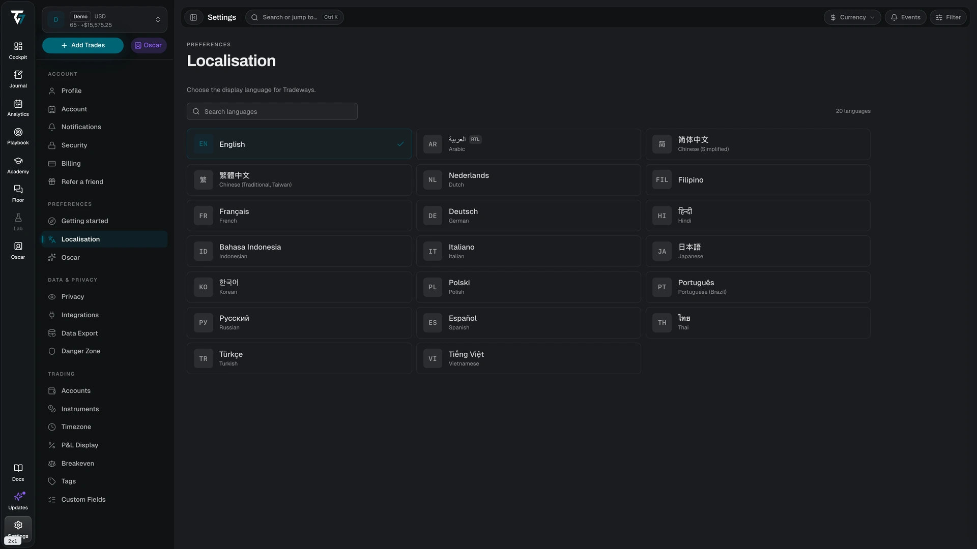 Language picker with a search field and a grid of available languages