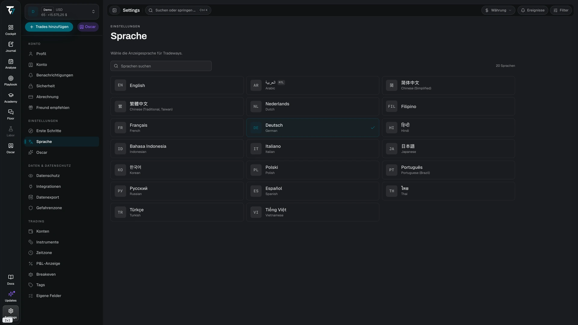 Language picker with a search field and a grid of available languages
