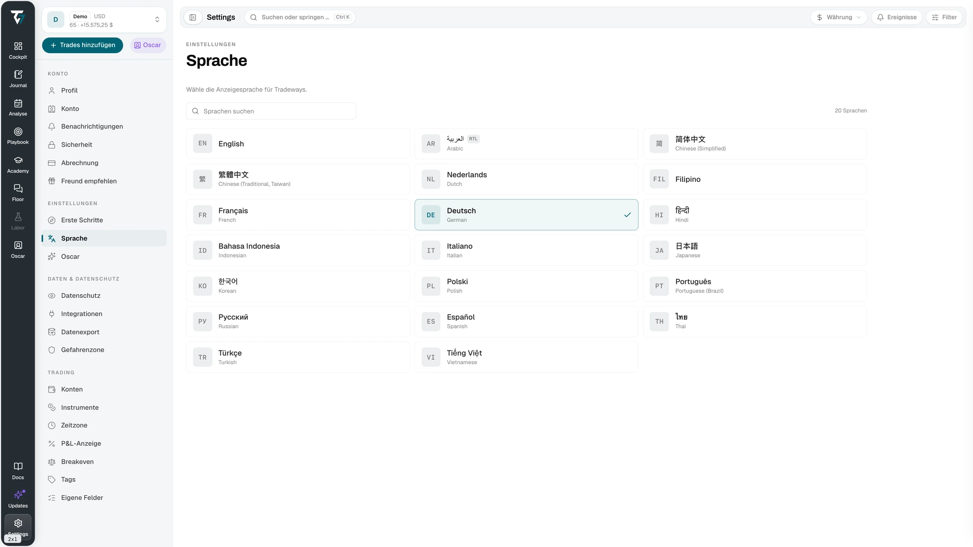 Language picker with a search field and a grid of available languages