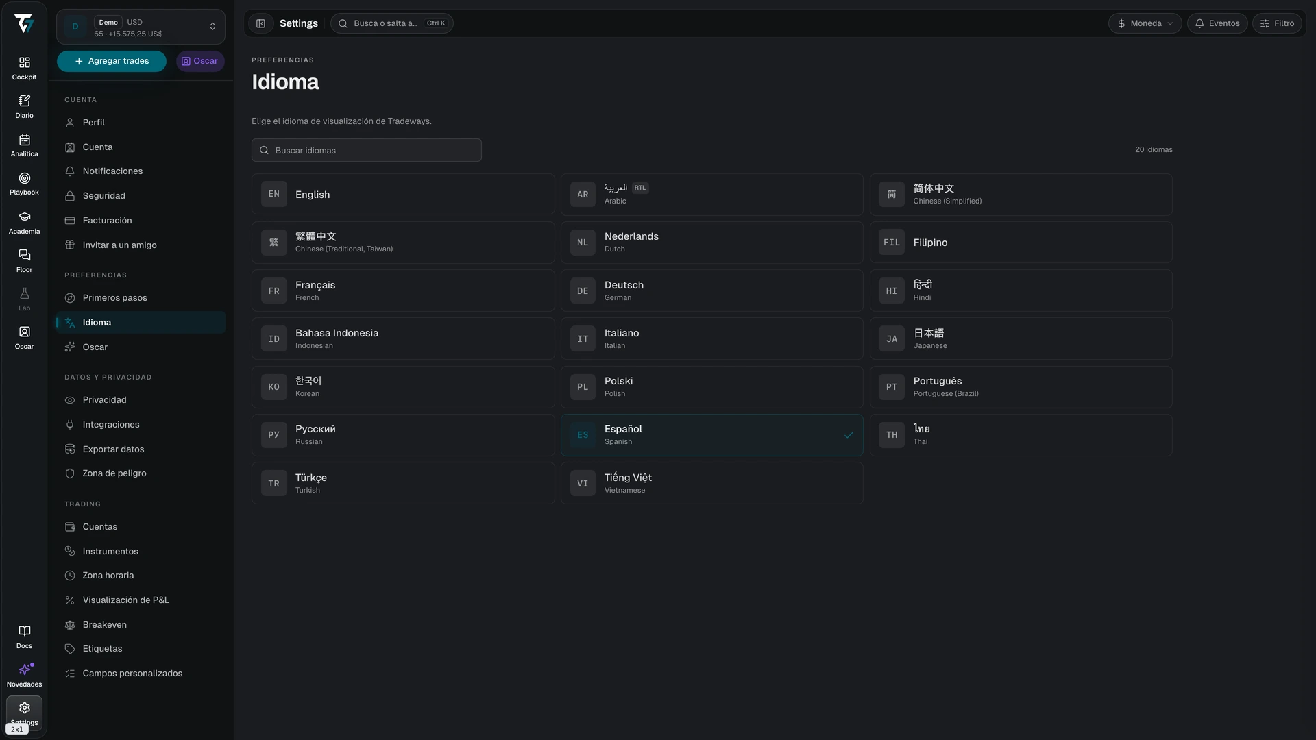 Language picker with a search field and a grid of available languages