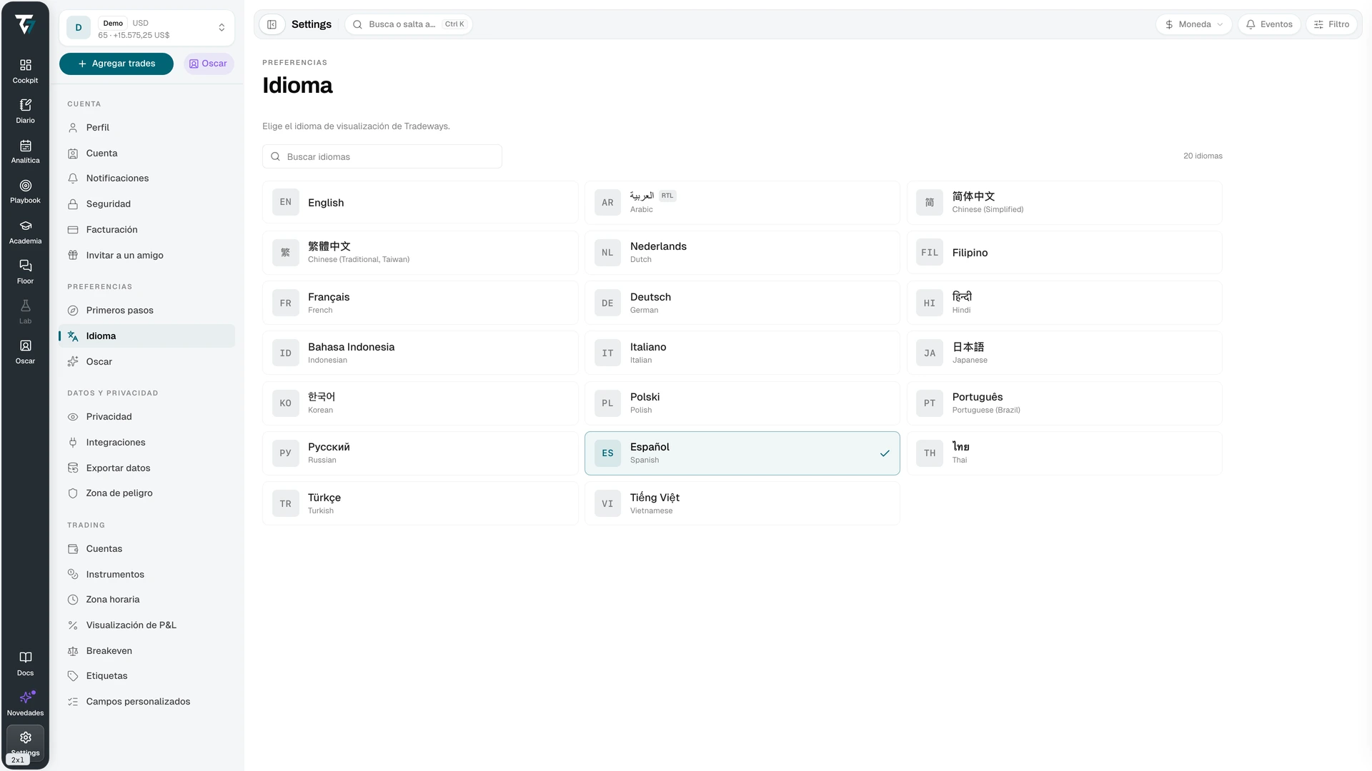 Language picker with a search field and a grid of available languages