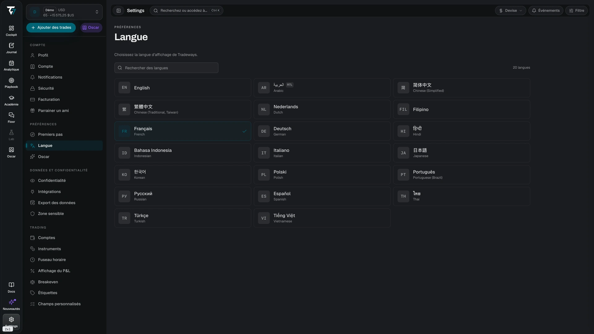 Language picker with a search field and a grid of available languages
