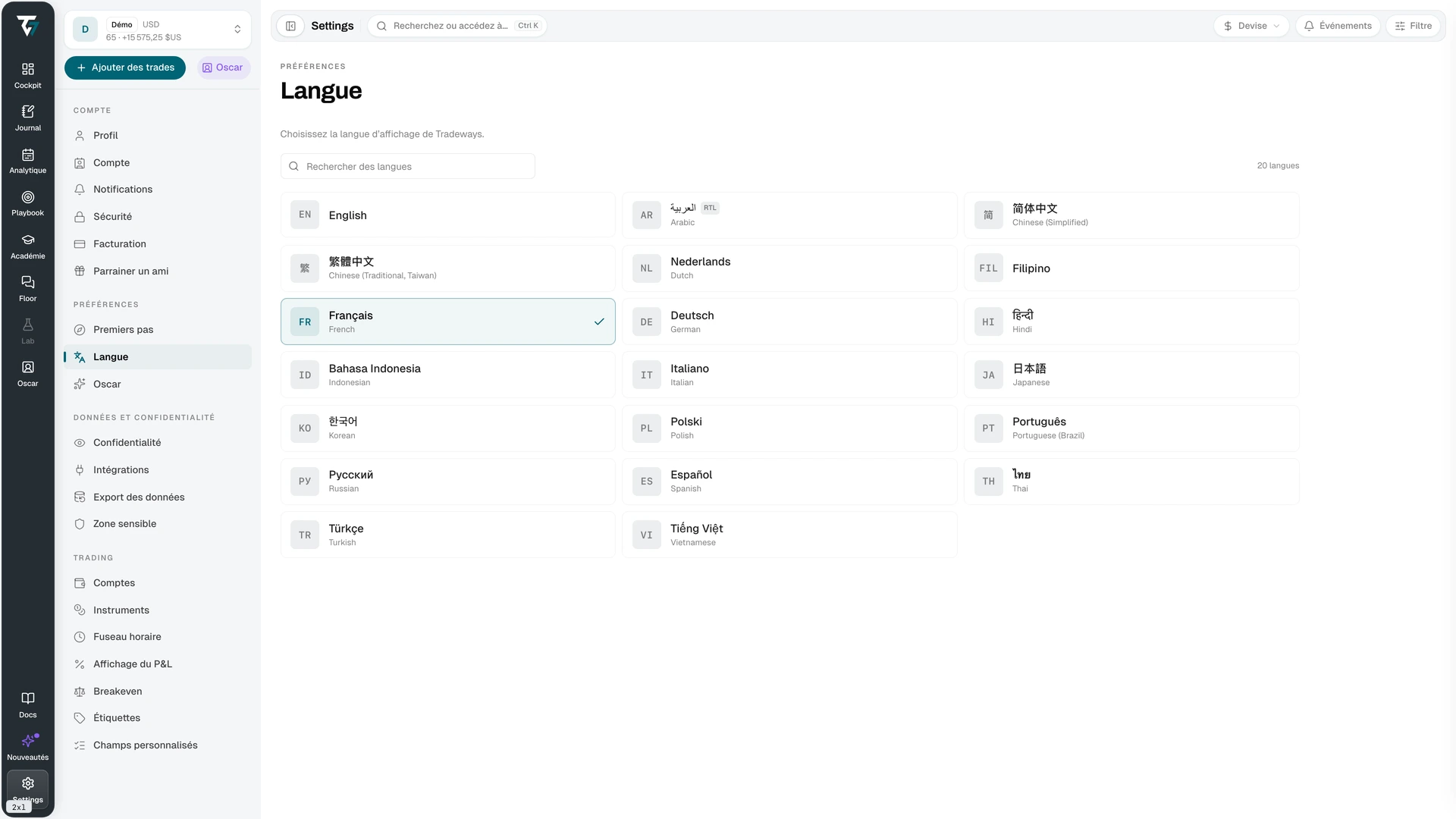 Language picker with a search field and a grid of available languages
