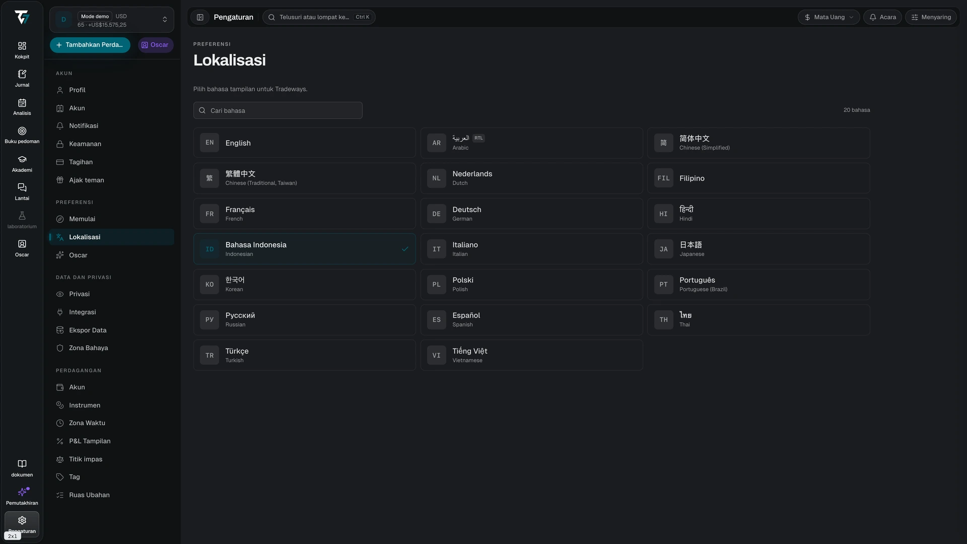 Language picker with a search field and a grid of available languages