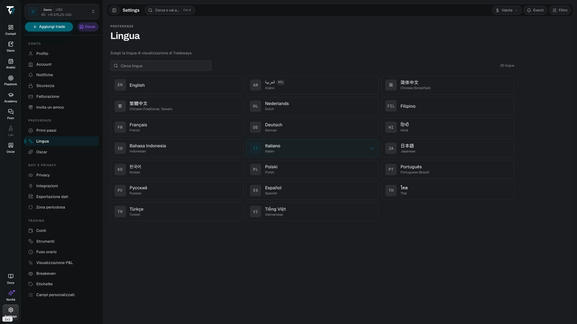 Language picker with a search field and a grid of available languages