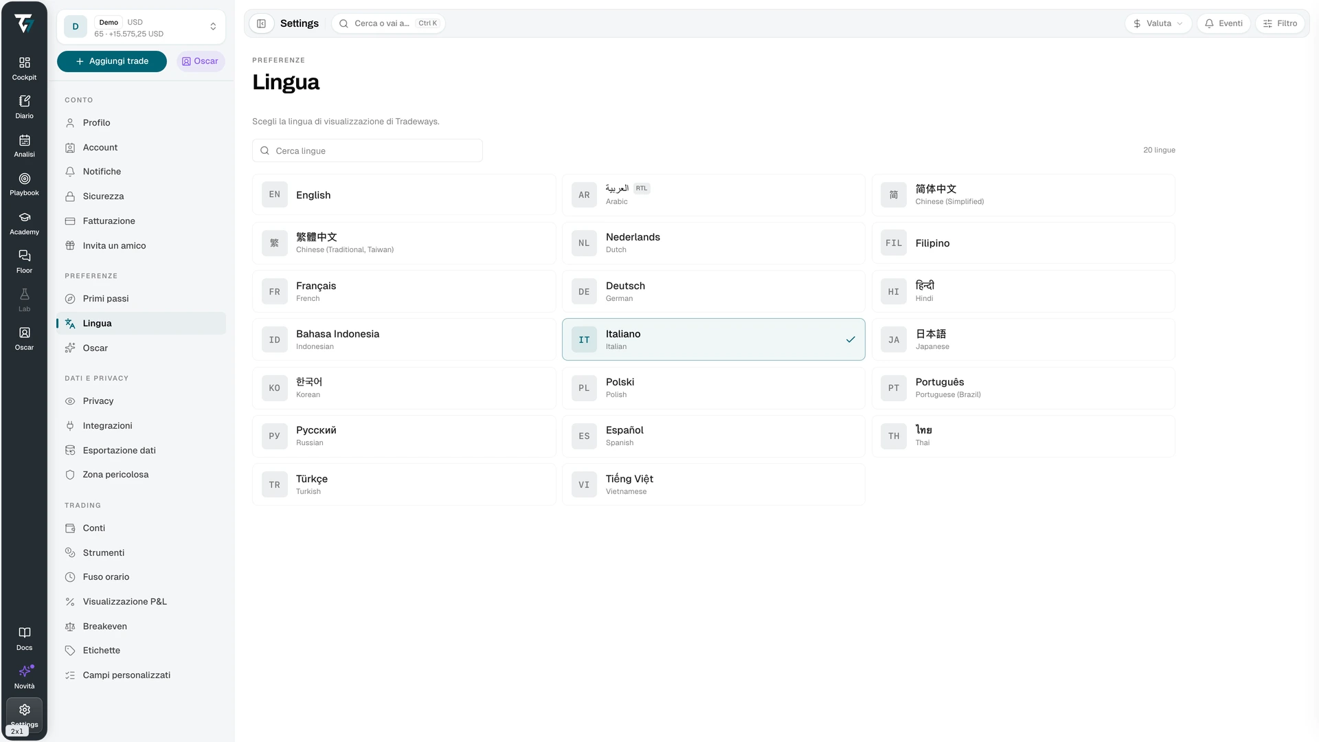Language picker with a search field and a grid of available languages
