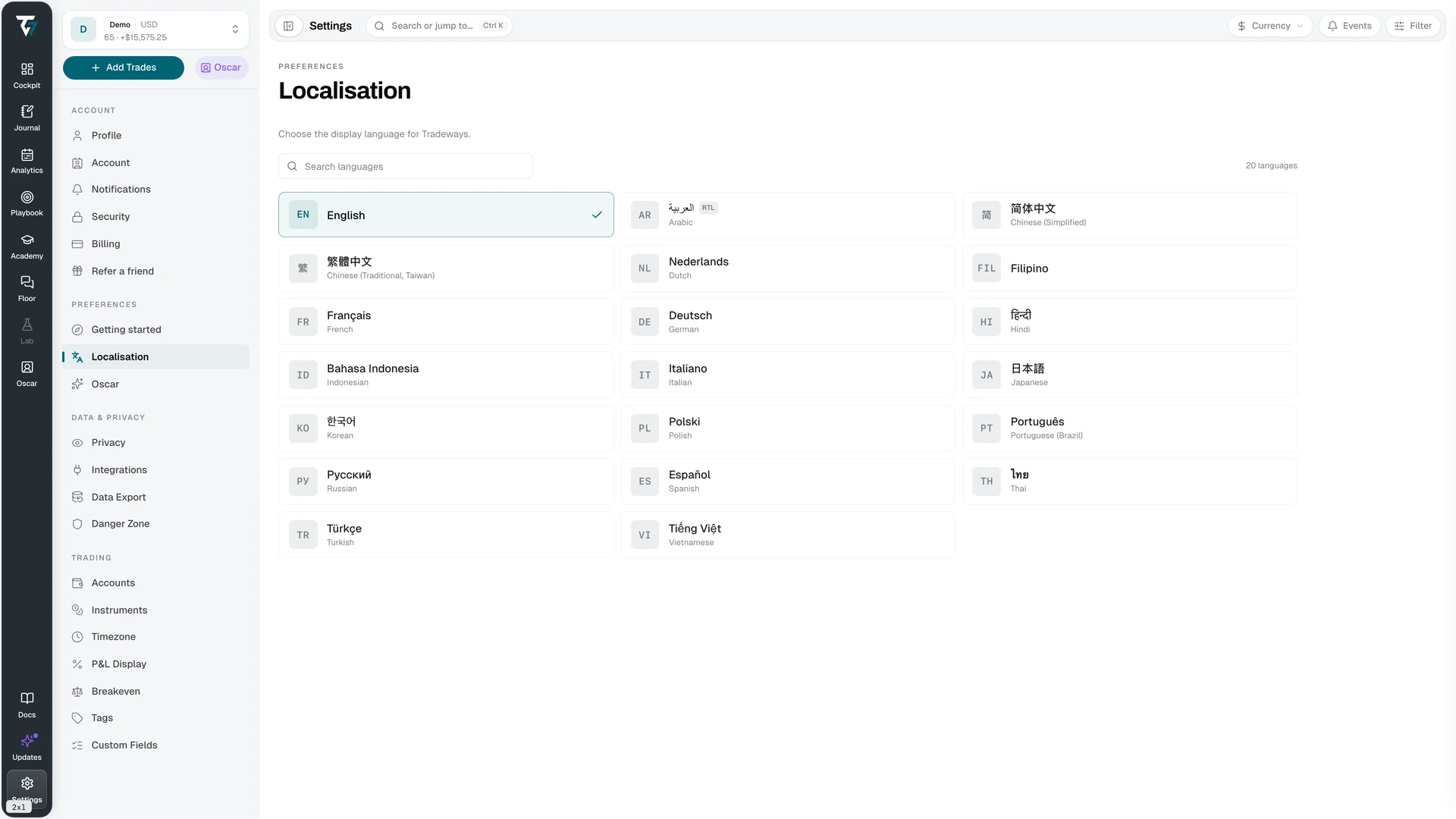 Language picker with a search field and a grid of available languages