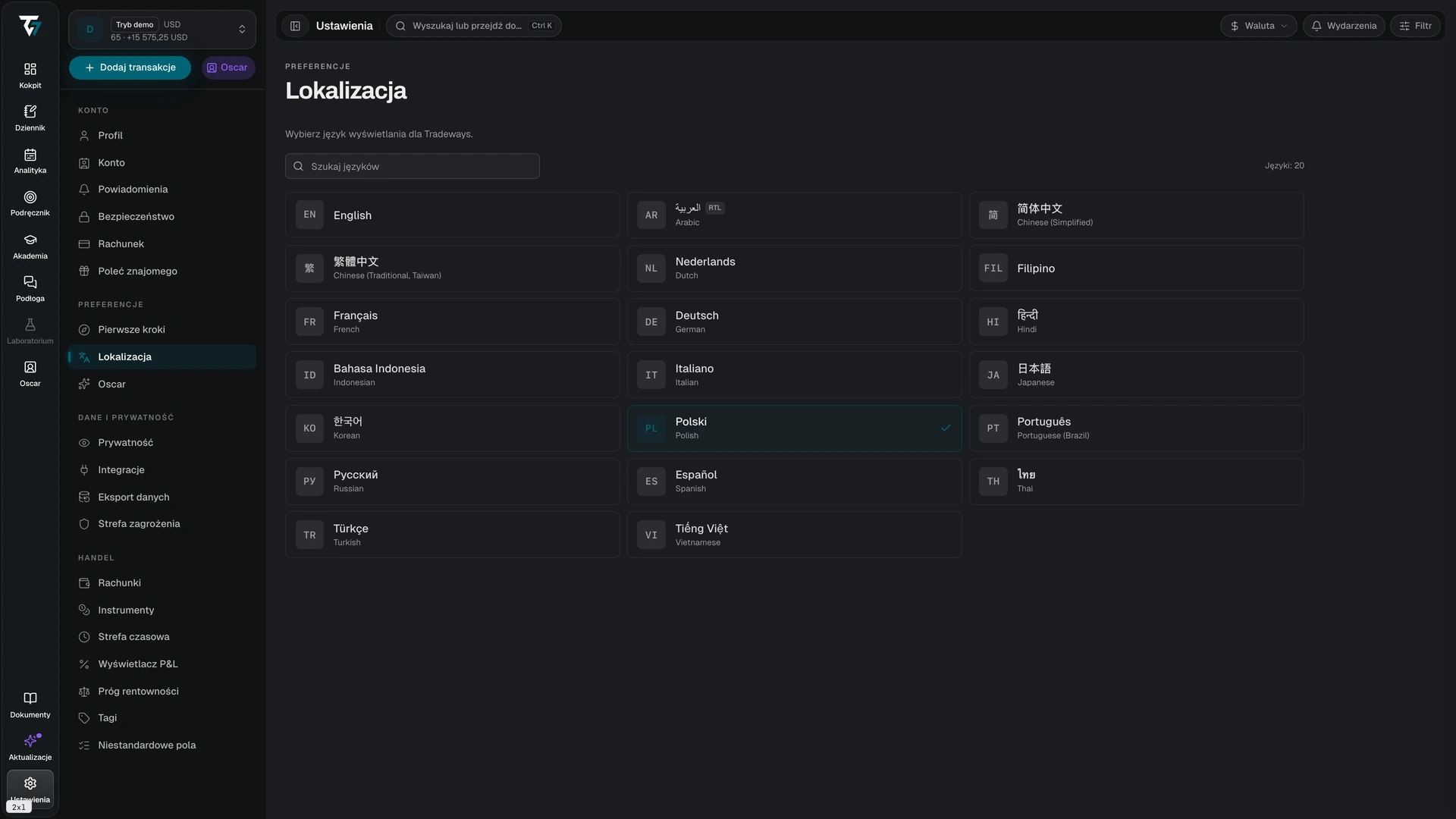 Language picker with a search field and a grid of available languages