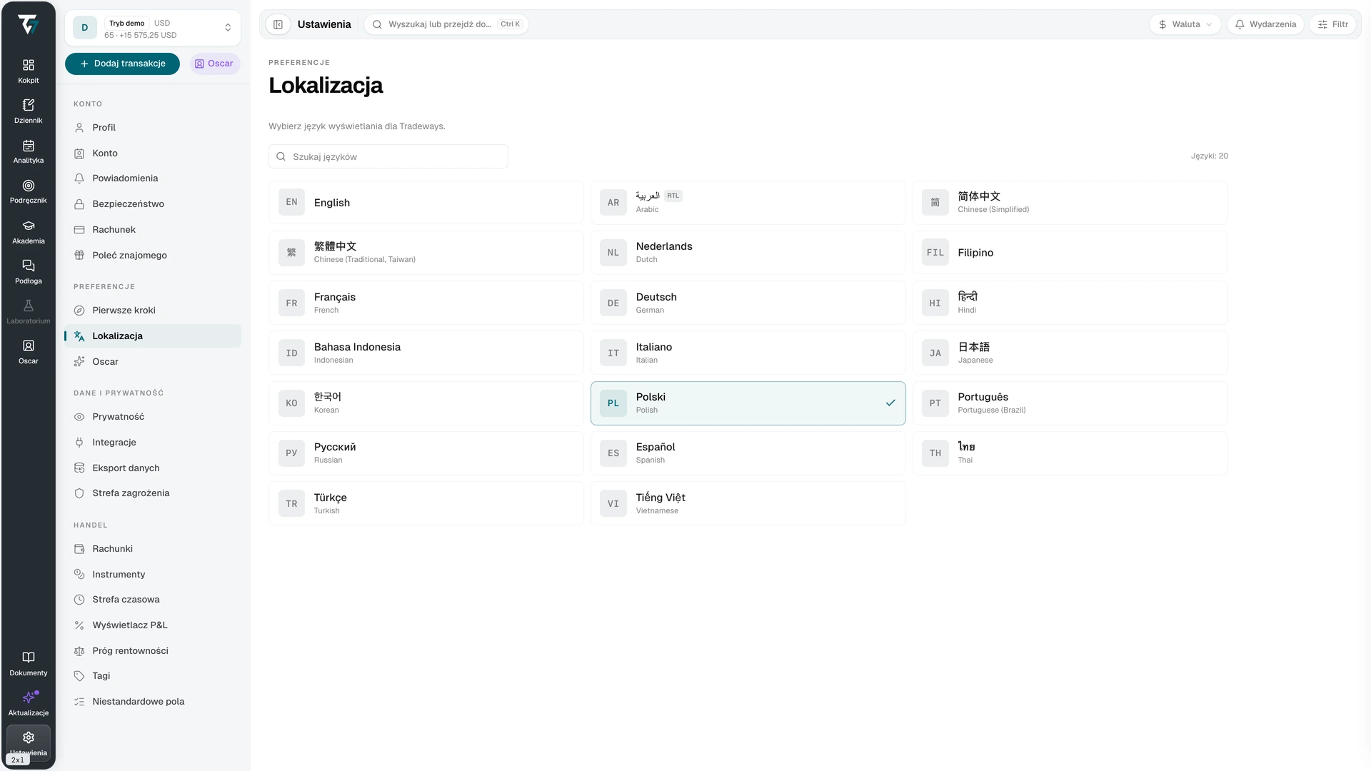 Language picker with a search field and a grid of available languages