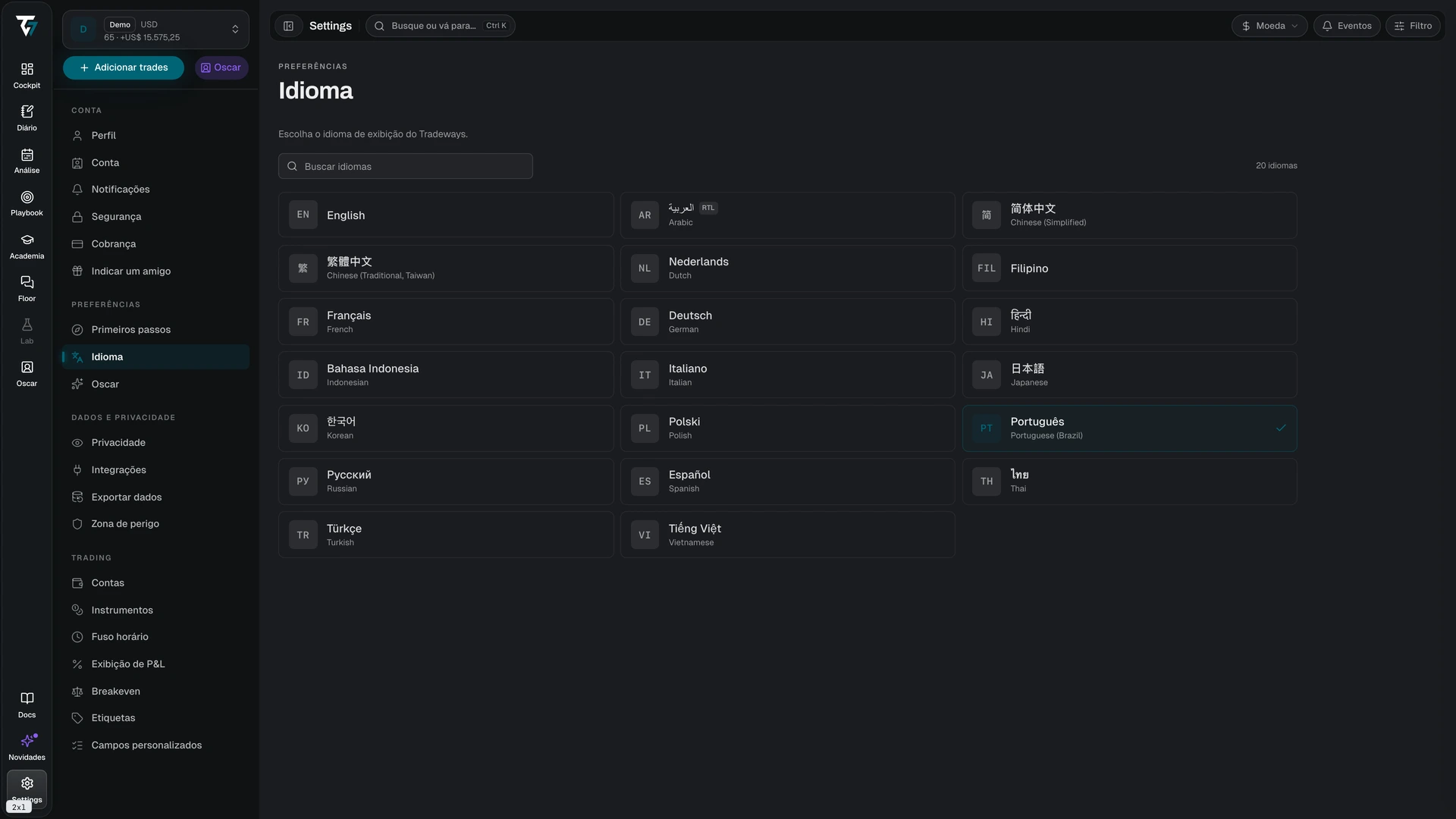 Language picker with a search field and a grid of available languages