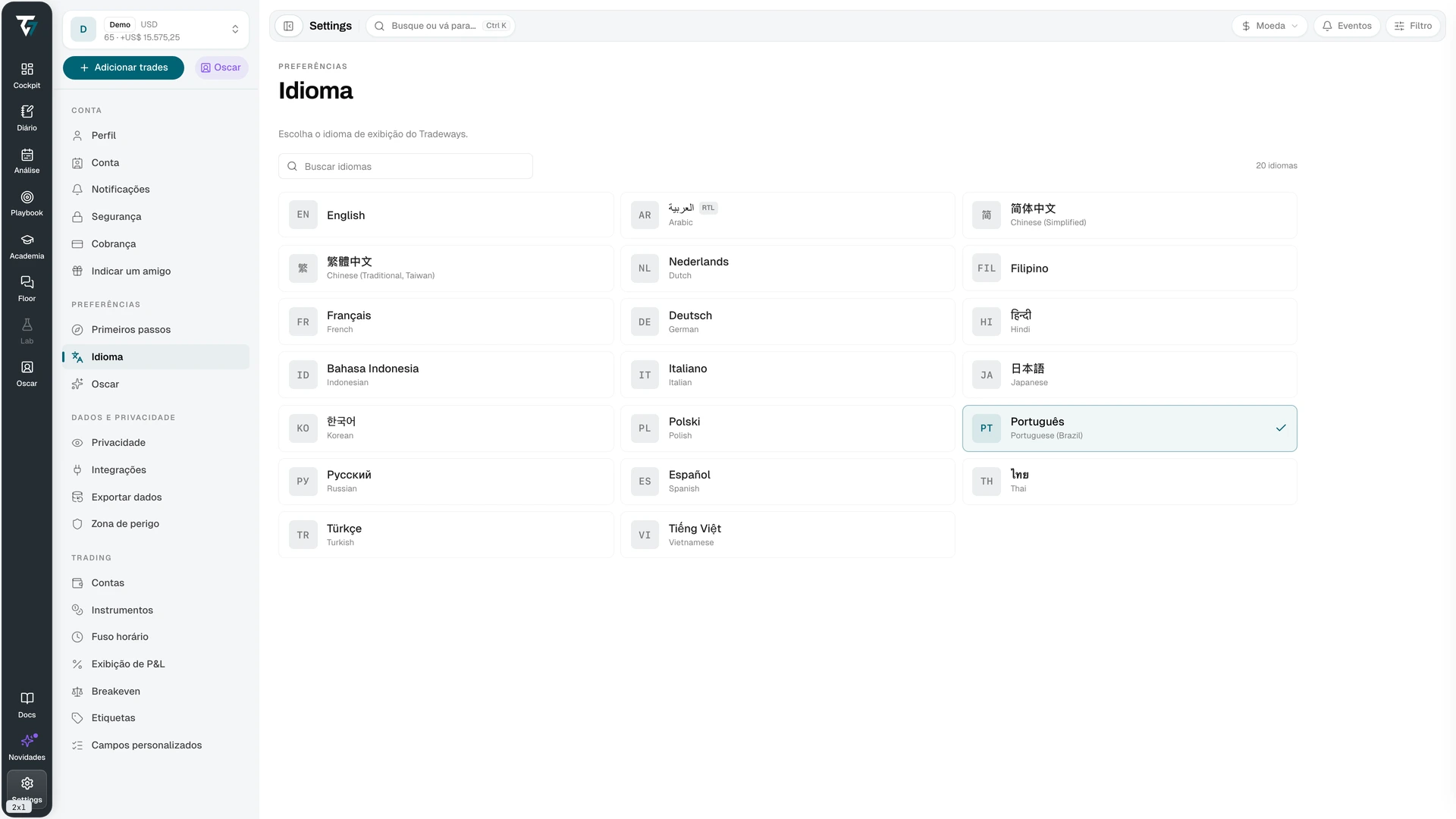 Language picker with a search field and a grid of available languages