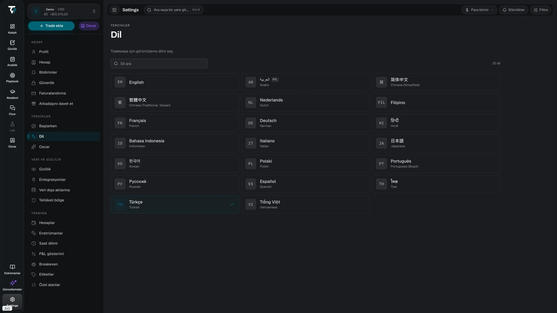 Language picker with a search field and a grid of available languages