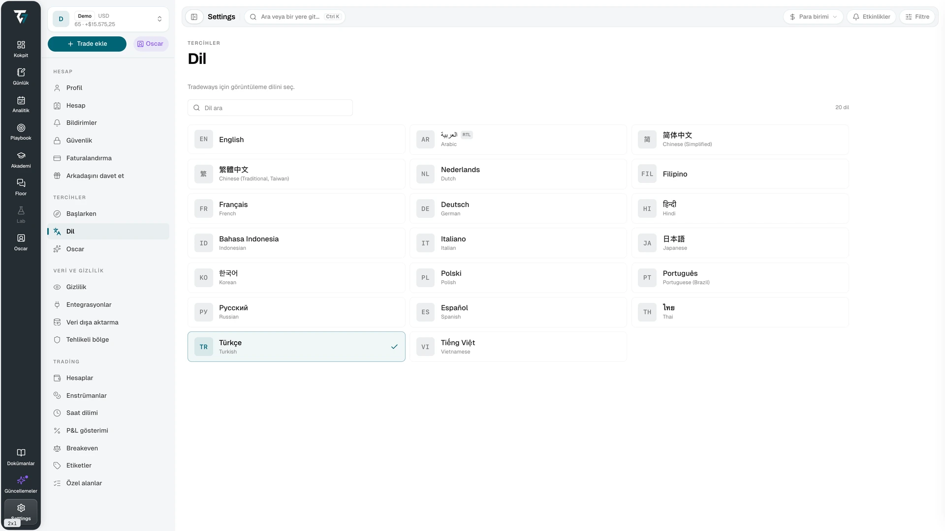 Language picker with a search field and a grid of available languages