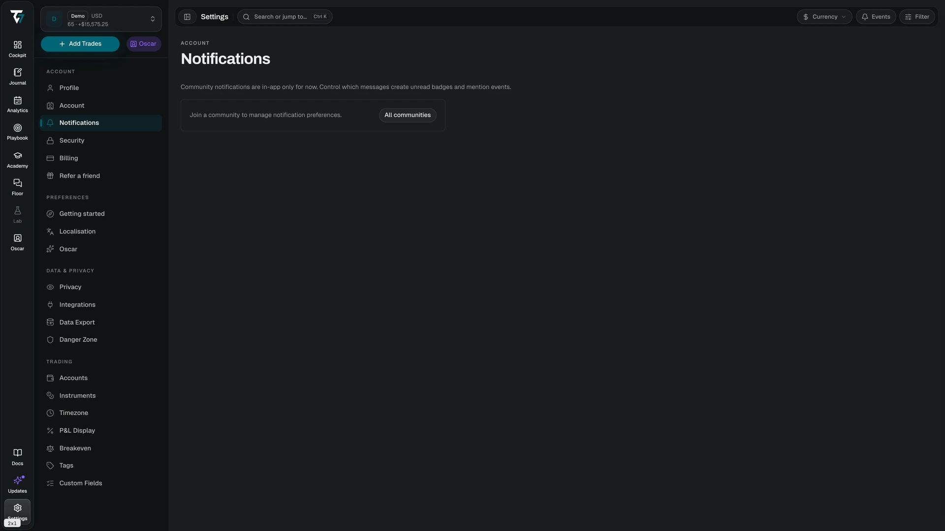 Notification settings listing each community with its notification level
